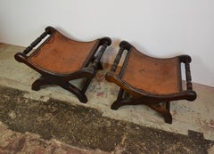 Pair of Leather Top Neoclassical Footstool Style Benches