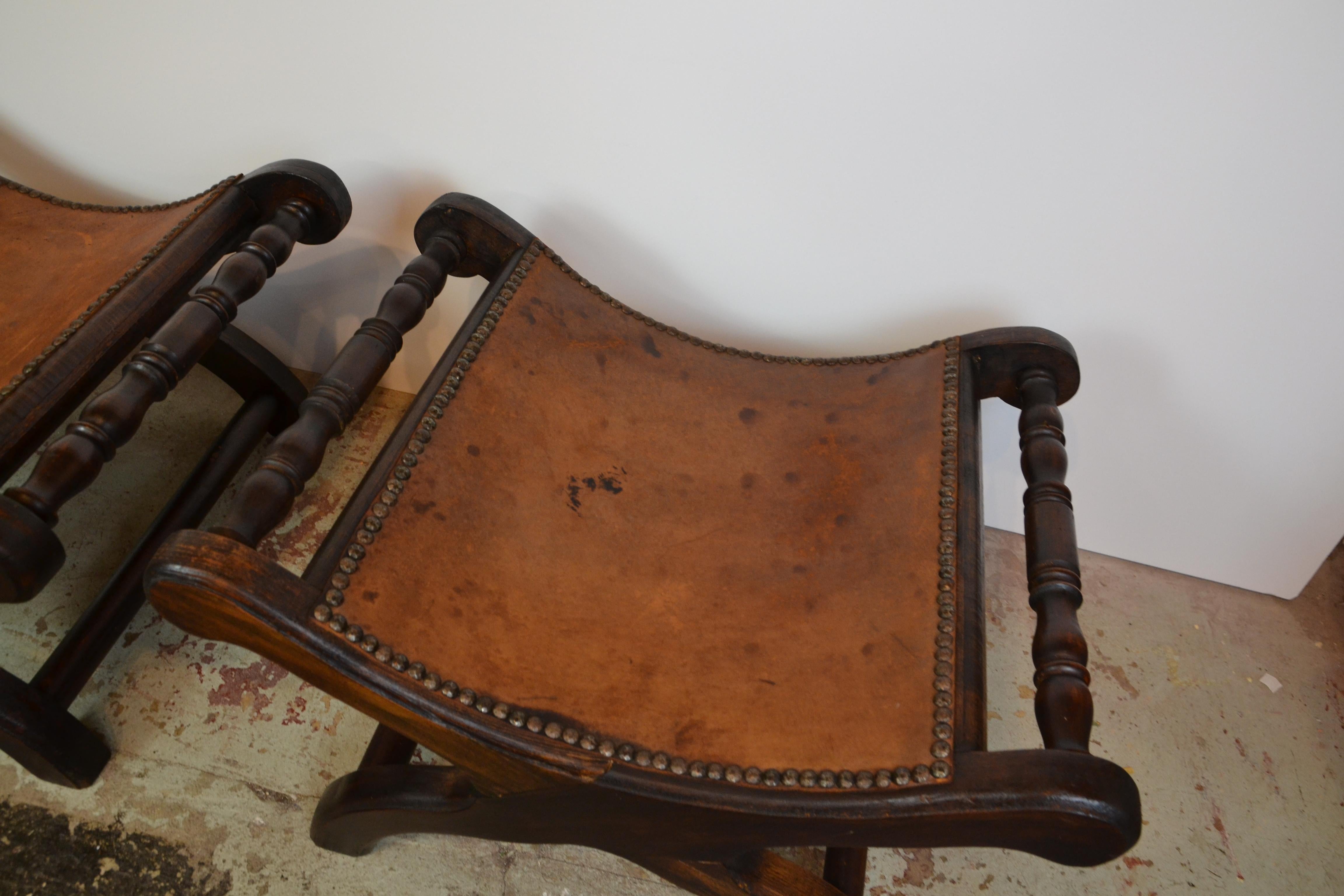 American Pair of Leather Top Neoclassical Footstool Style Benches
