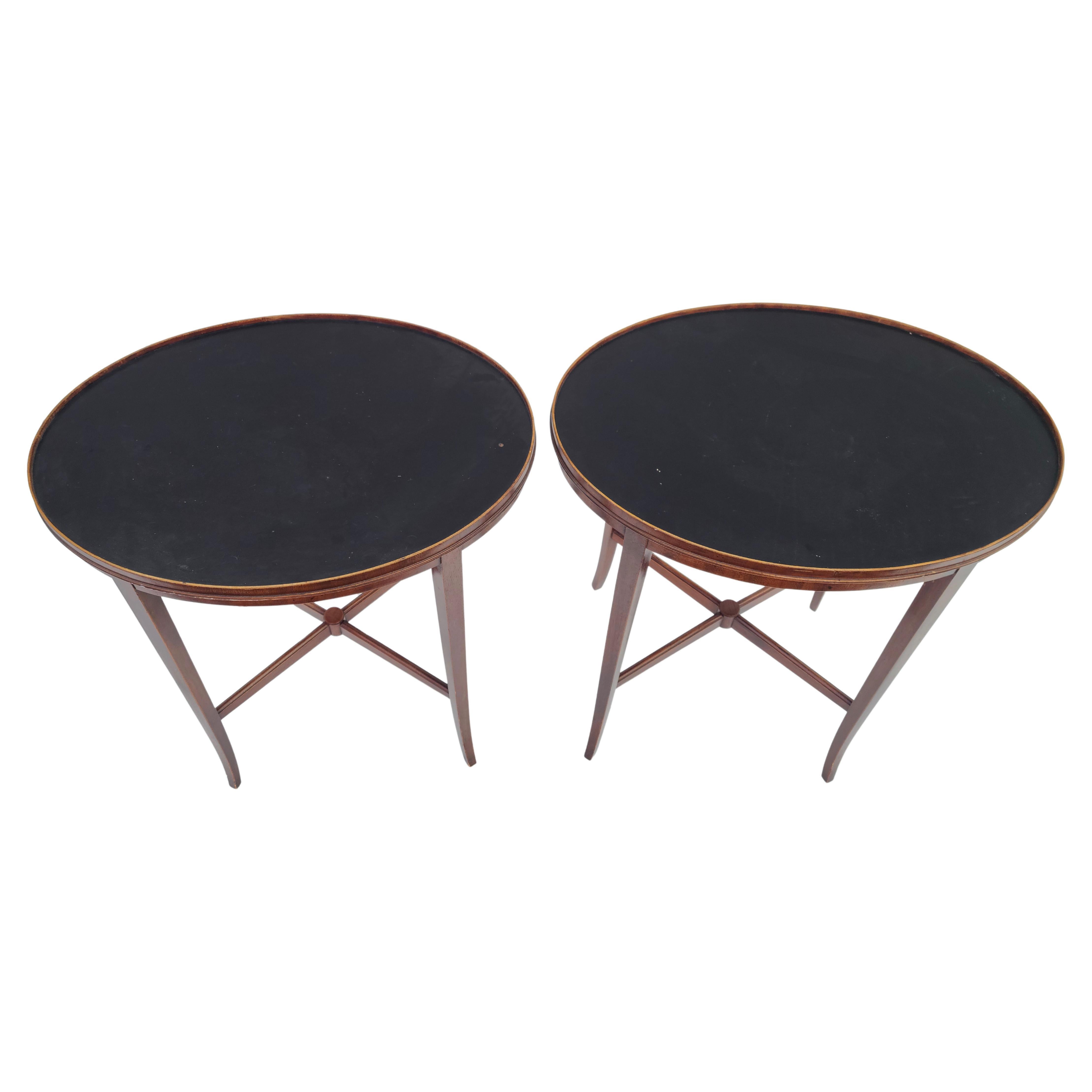 Pair Leather Top Oval Side Tables Style of Tommi Parzinger Charak For Sale 1
