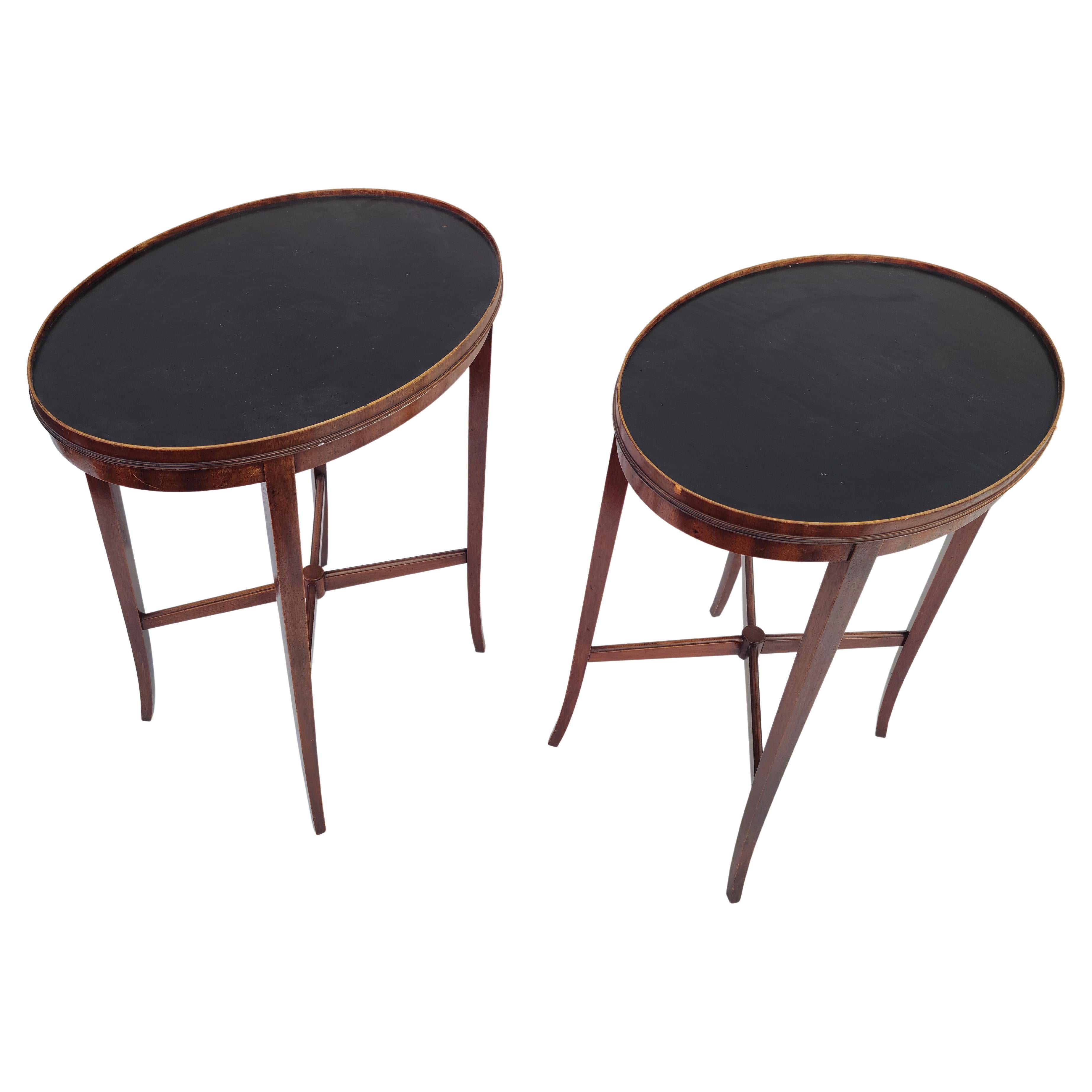 Pair Leather Top Oval Side Tables Style of Tommi Parzinger Charak For Sale 2