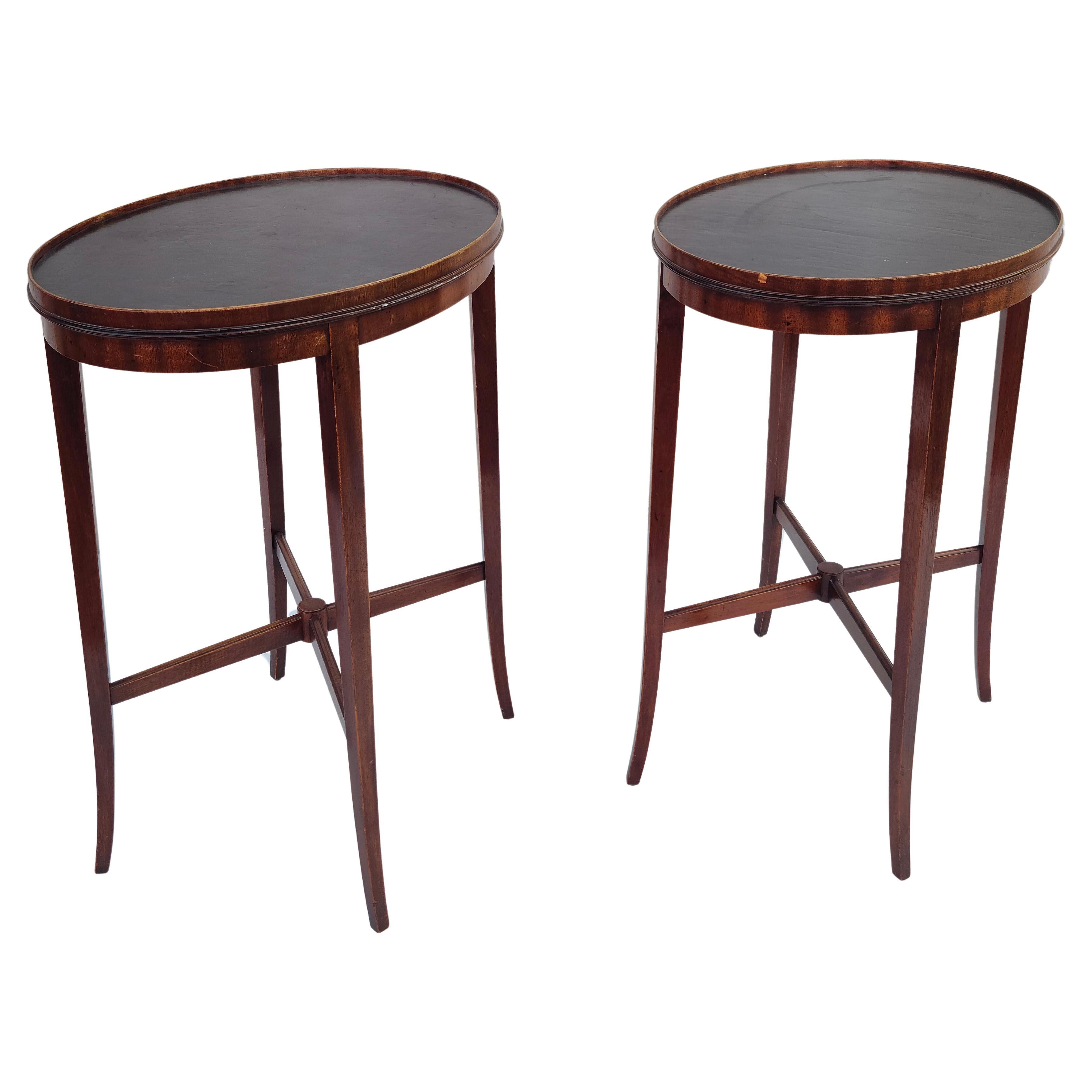 Pair Leather Top Oval Side Tables Style of Tommi Parzinger Charak For Sale 3