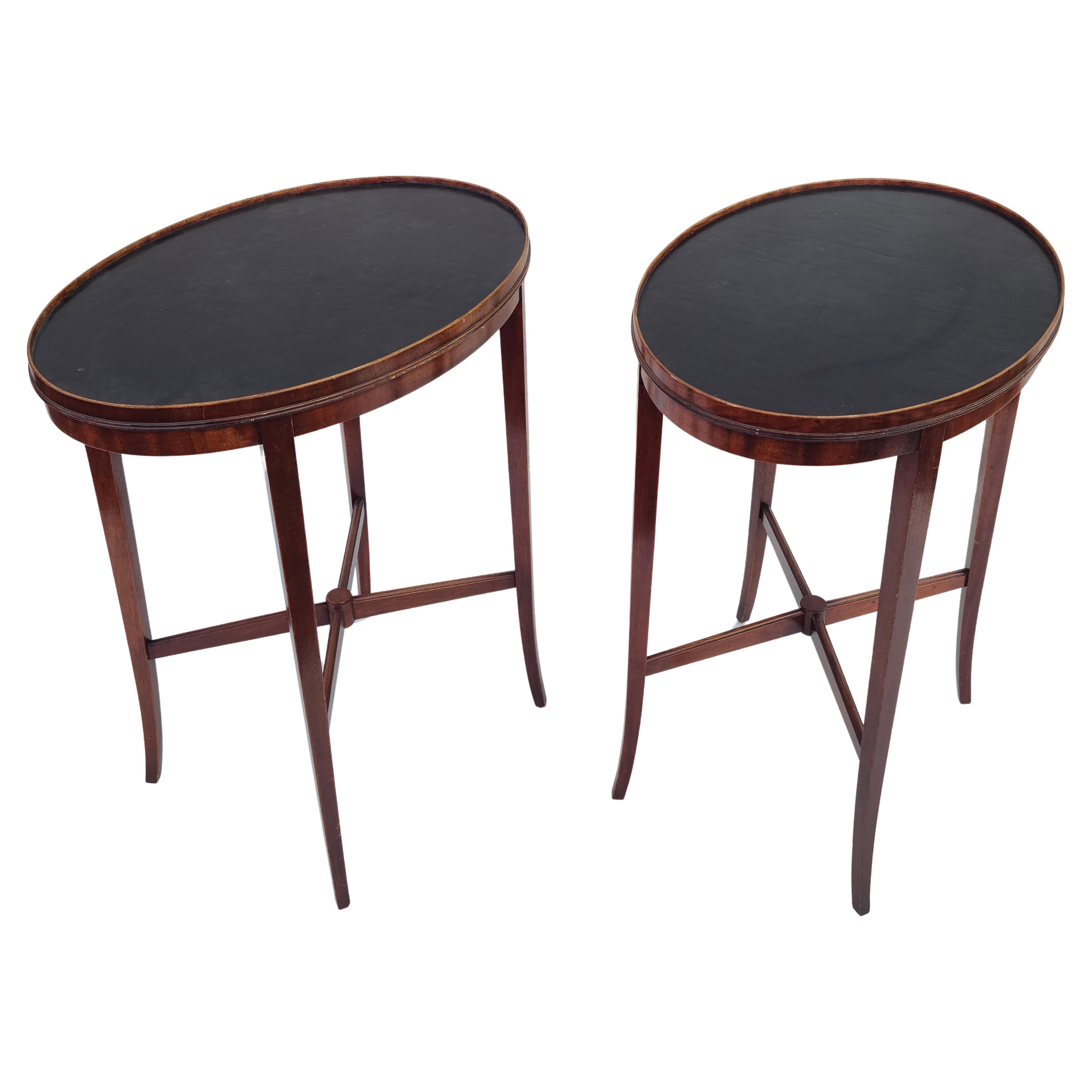 Pair Leather Top Oval Side Tables Style of Tommi Parzinger Charak For Sale 4
