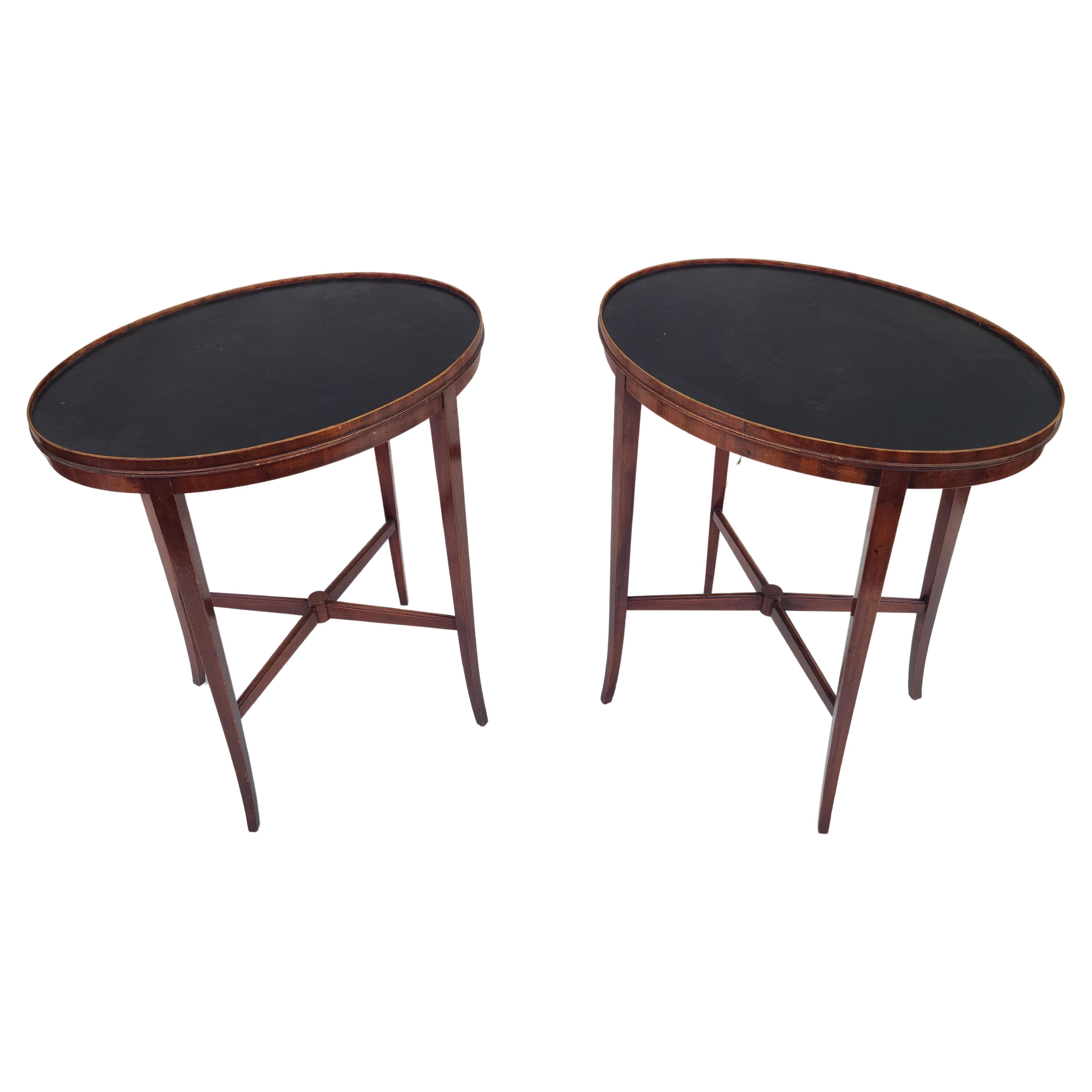 Pair Leather Top Oval Side Tables Style of Tommi Parzinger Charak For Sale