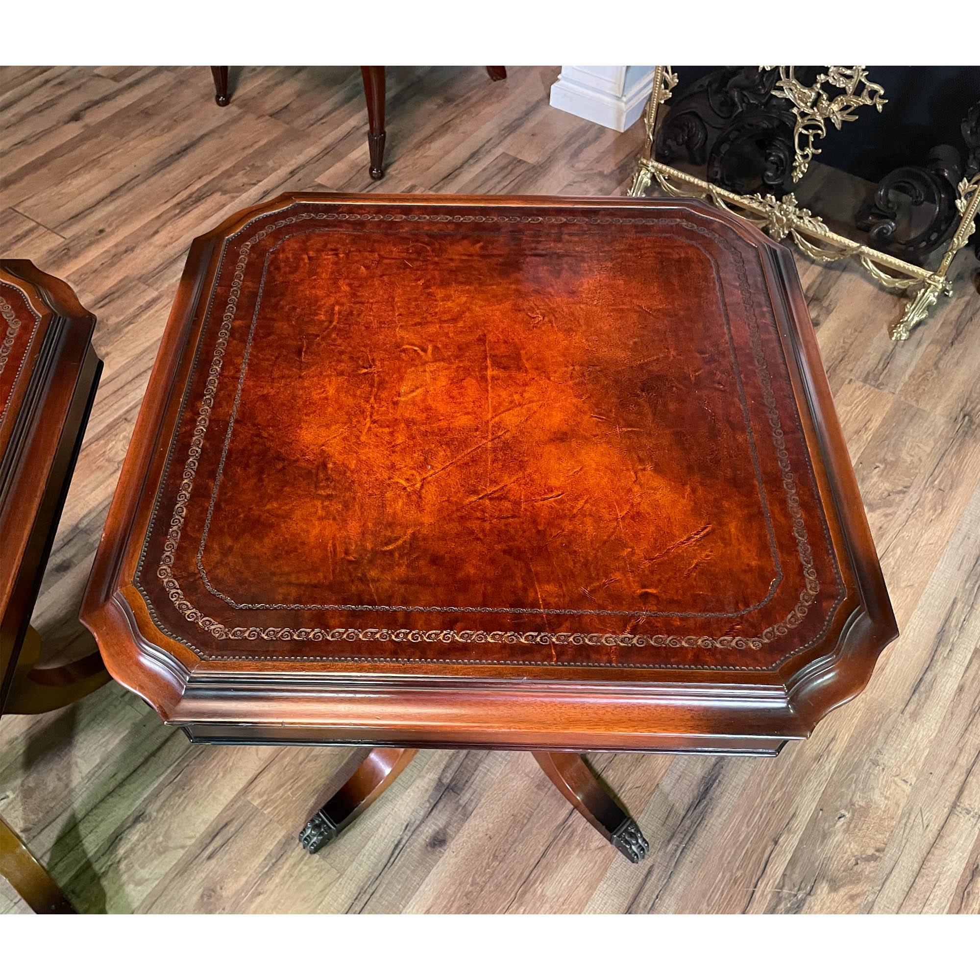 Hand-Crafted PAIR Leather Top Tables For Sale