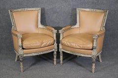 Pair Leather Upholstered Distressed Painted Signed Maison Jansen Bergere Chairs