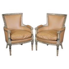 Pair Leather Upholstered Distressed Painted Signed Maison Jansen Bergere Chairs