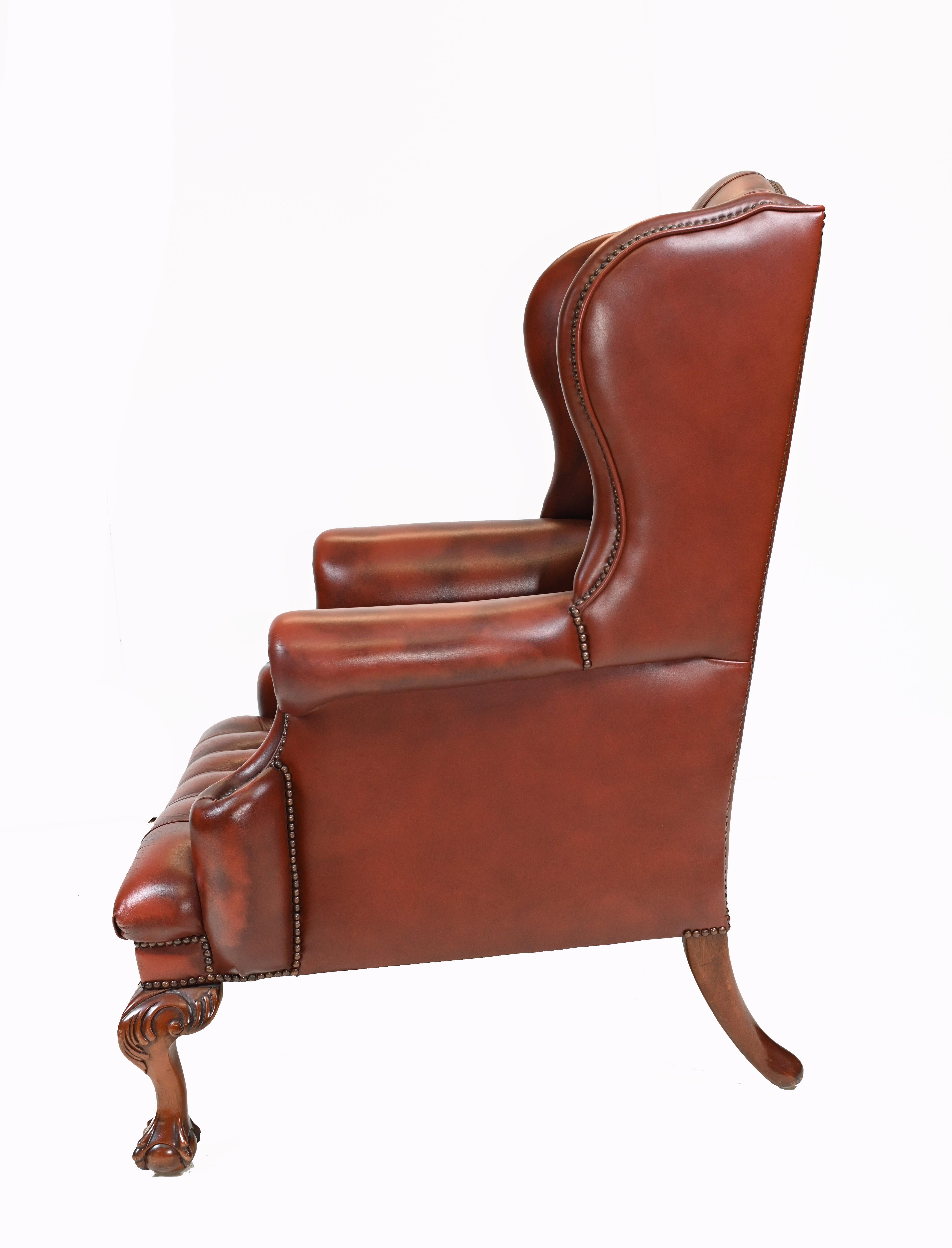 Pair Leather Wing Back Chairs Deep Button Armchairs For Sale 2