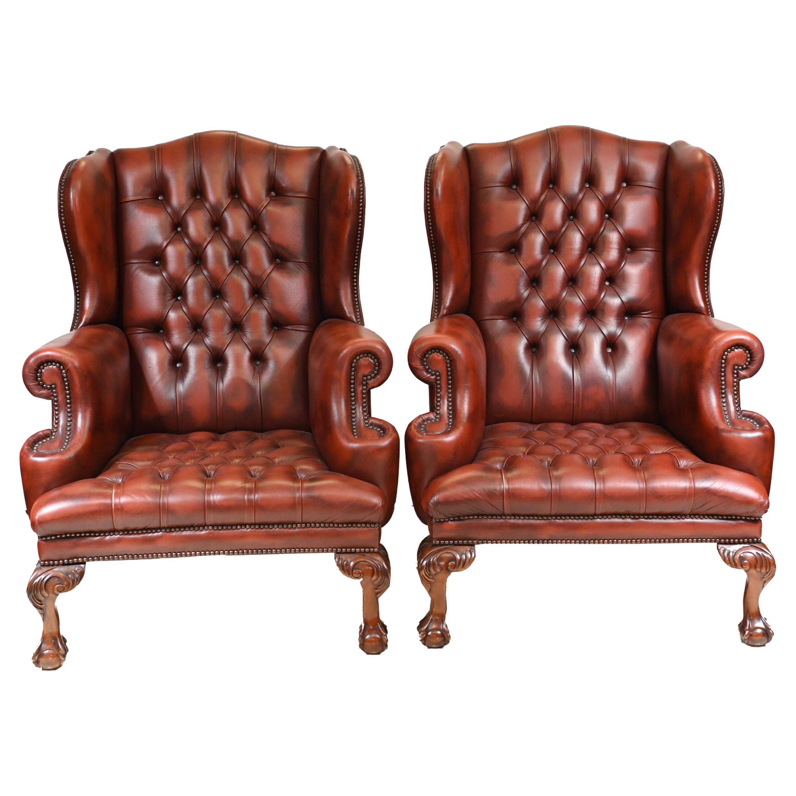Pair Leather Wing Back Chairs Deep Button Armchairs For Sale