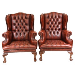 Vintage Pair Leather Wing Back Chairs Deep Button Armchairs