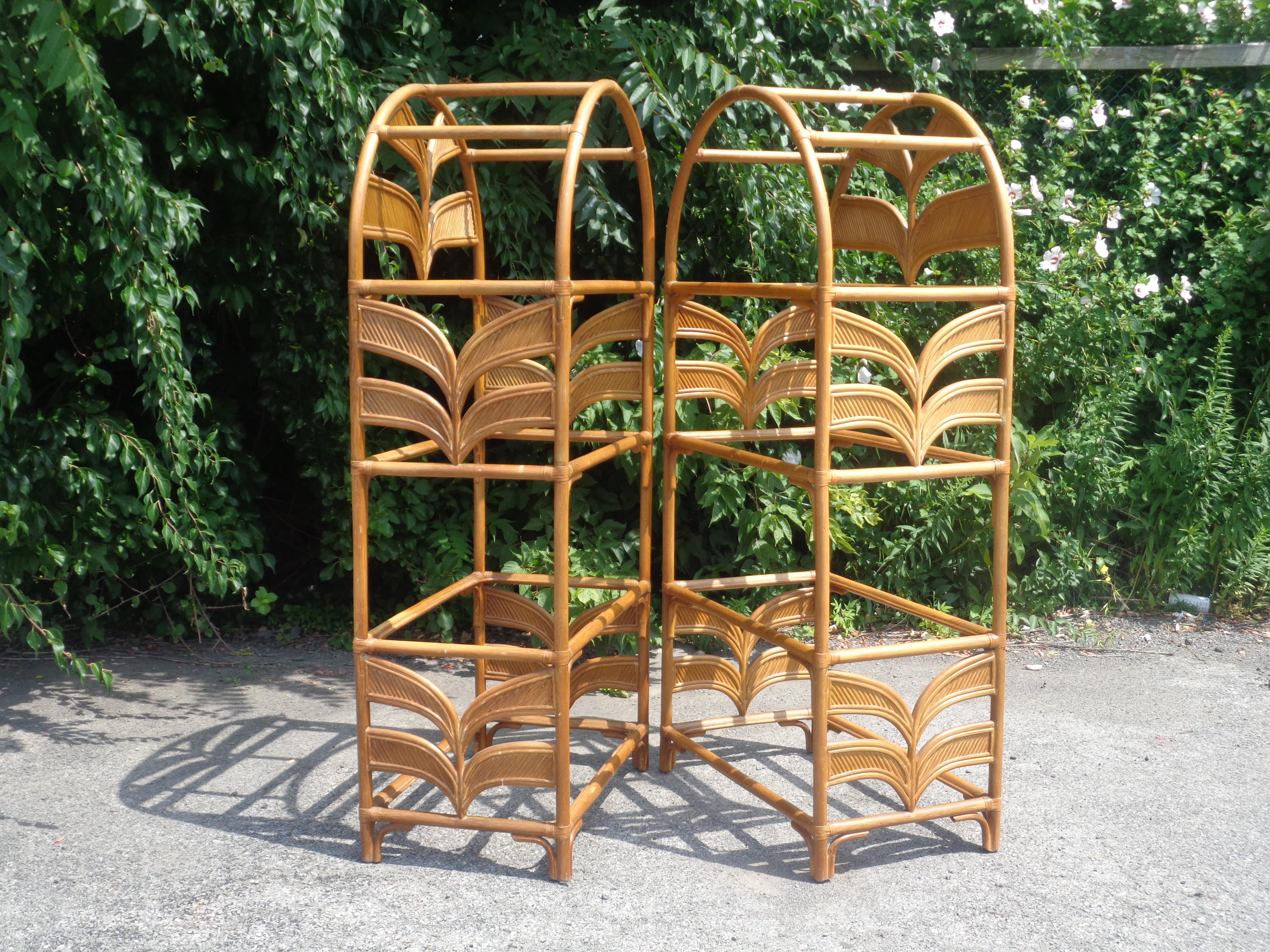 Pair Leather Wrapped Rattan Arch Top Etageres style of Gabriela Crespi, 1970's 9