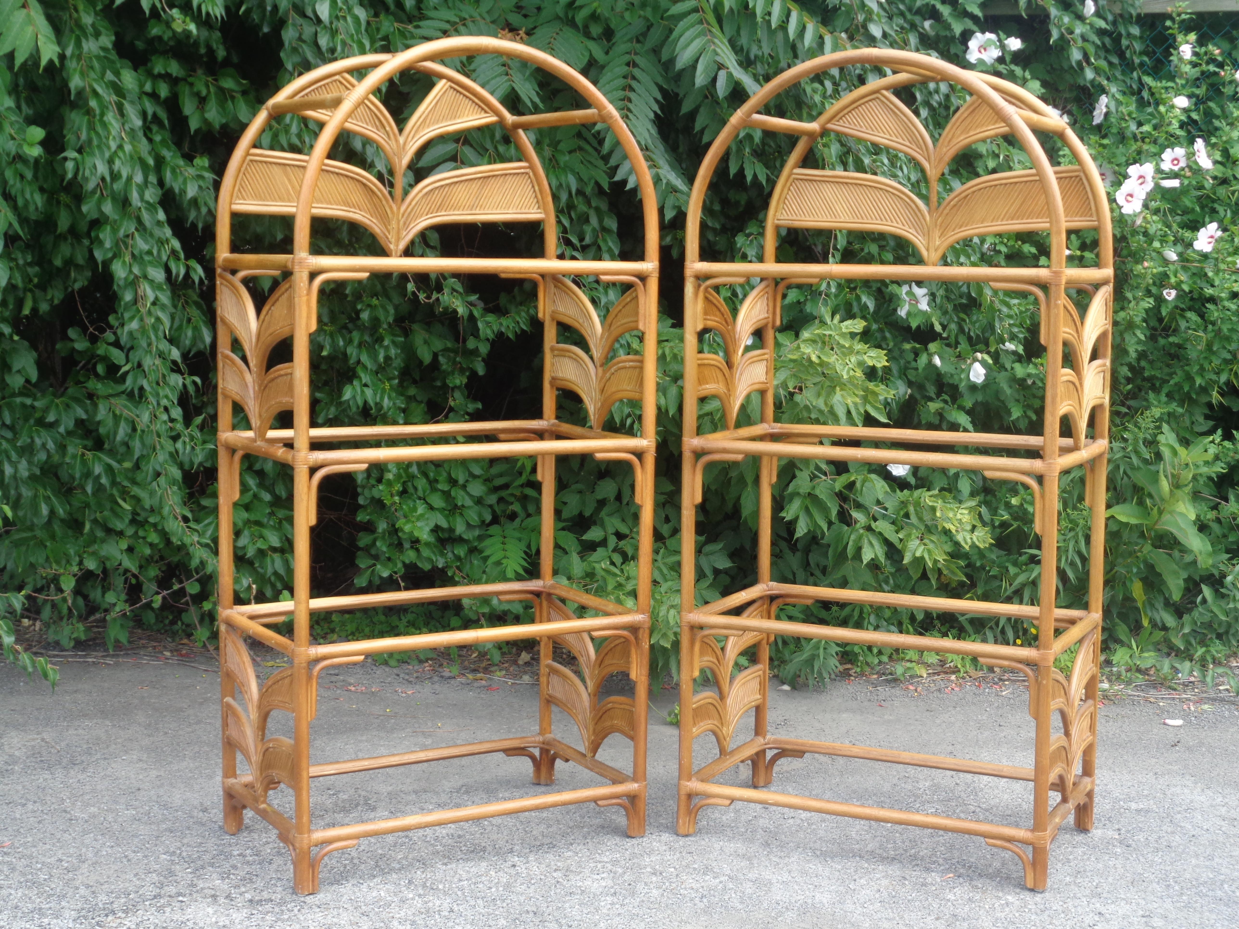 Late 20th Century Pair Leather Wrapped Rattan Arch Top Etageres style of Gabriela Crespi, 1970's