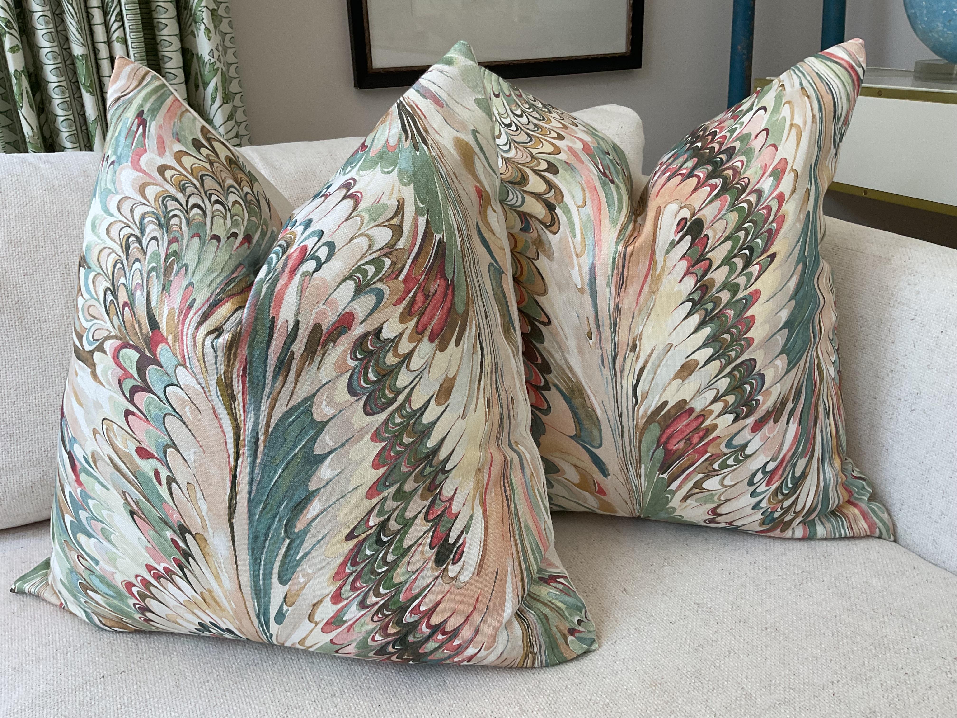Organic Modern Pair Lee Jofa “Taplow” in peacock and gold 22” down filled pillows  For Sale