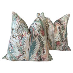 Pair Lee Jofa “Taplow” in peacock and gold 22” down filled pillows