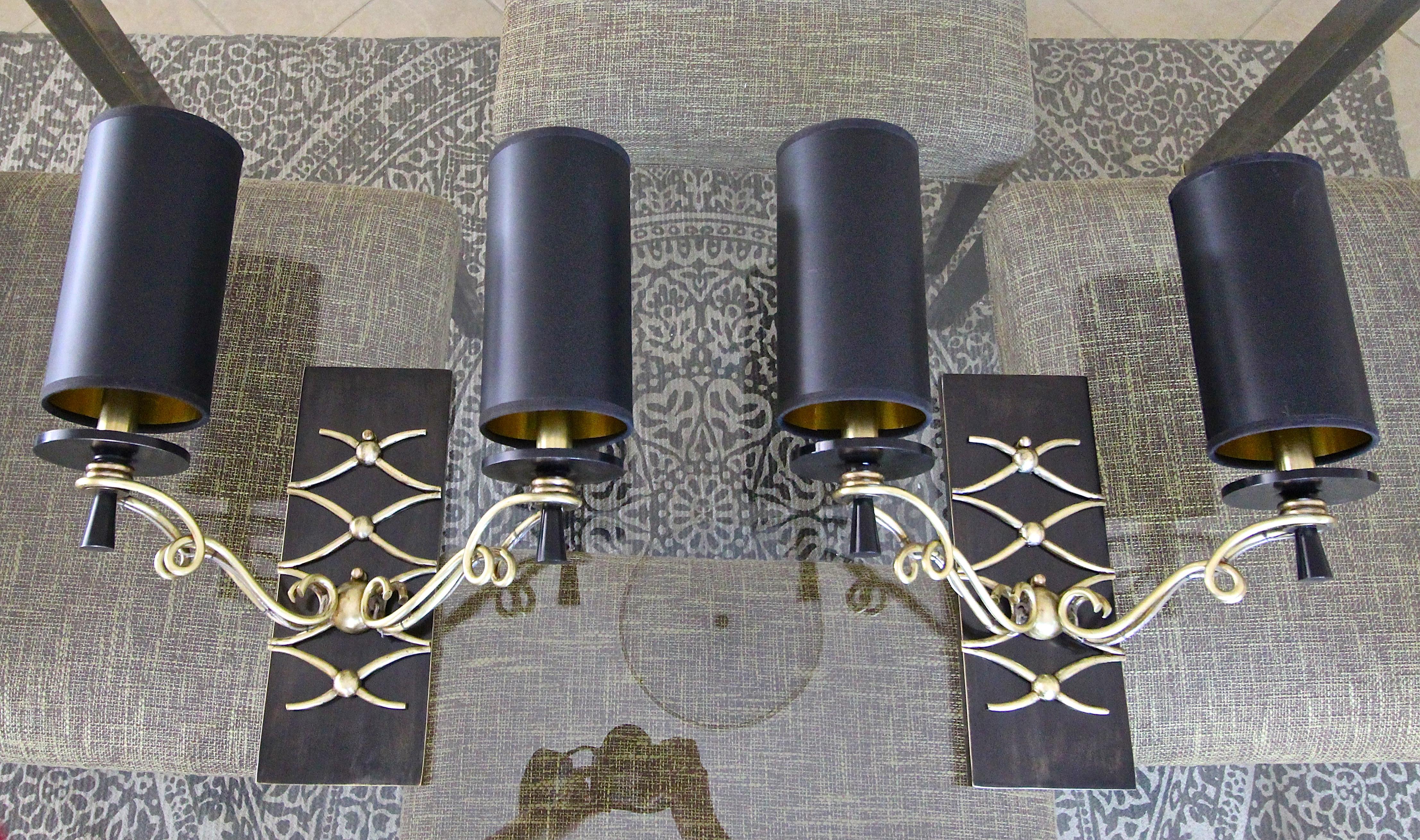 Pair of Leleu Style French Brass Wall Light Sconces 12