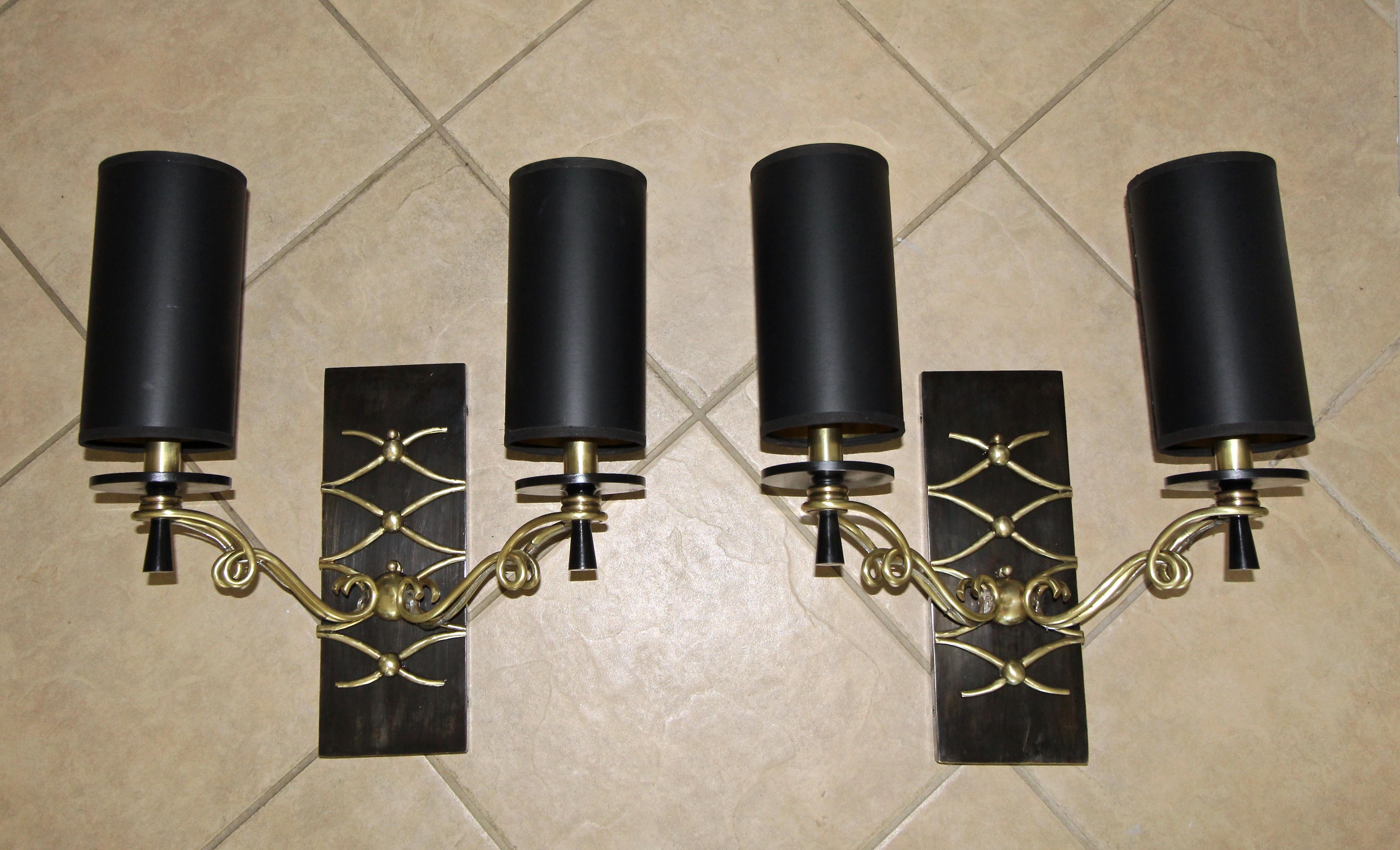 Pair of Leleu Style French Brass Wall Light Sconces 15