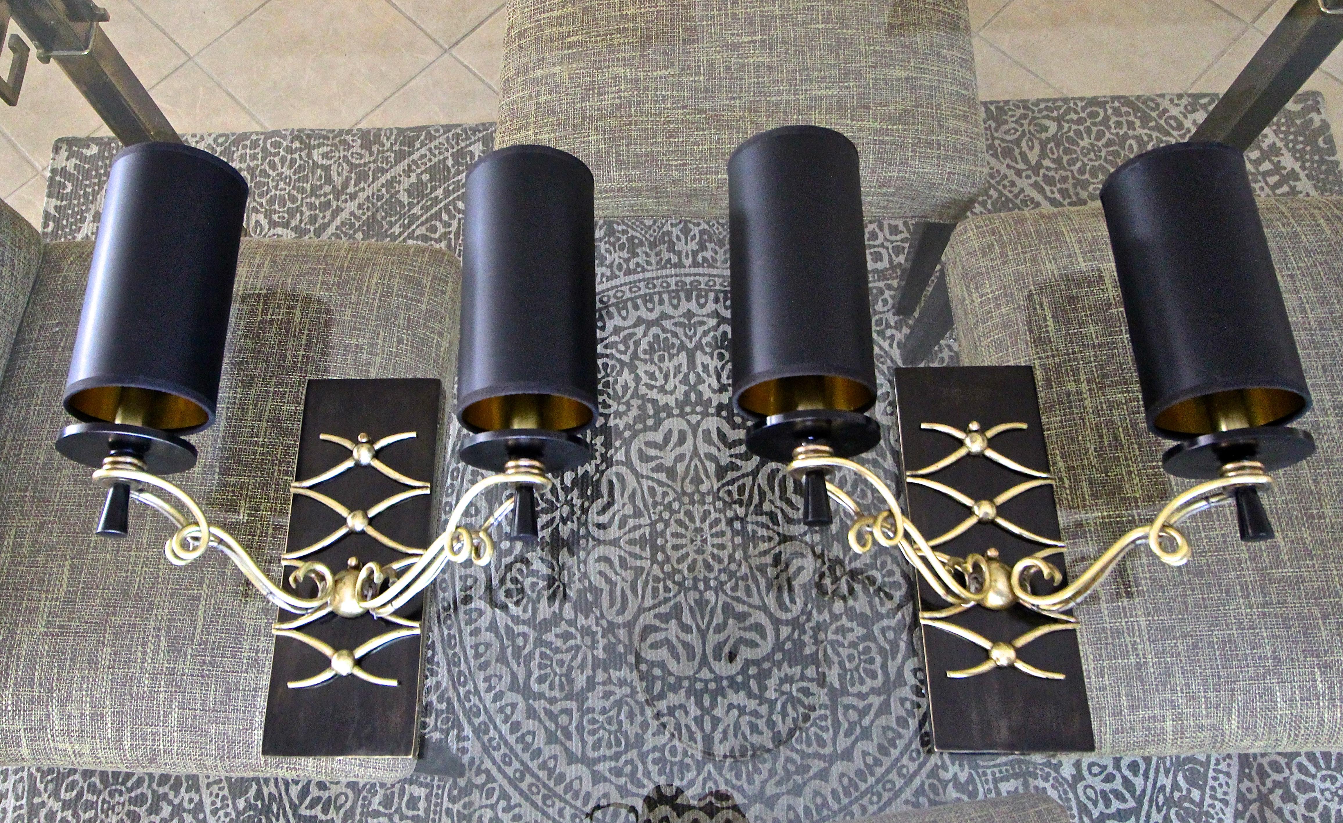 Mid-20th Century Pair of Leleu Style French Brass Wall Light Sconces