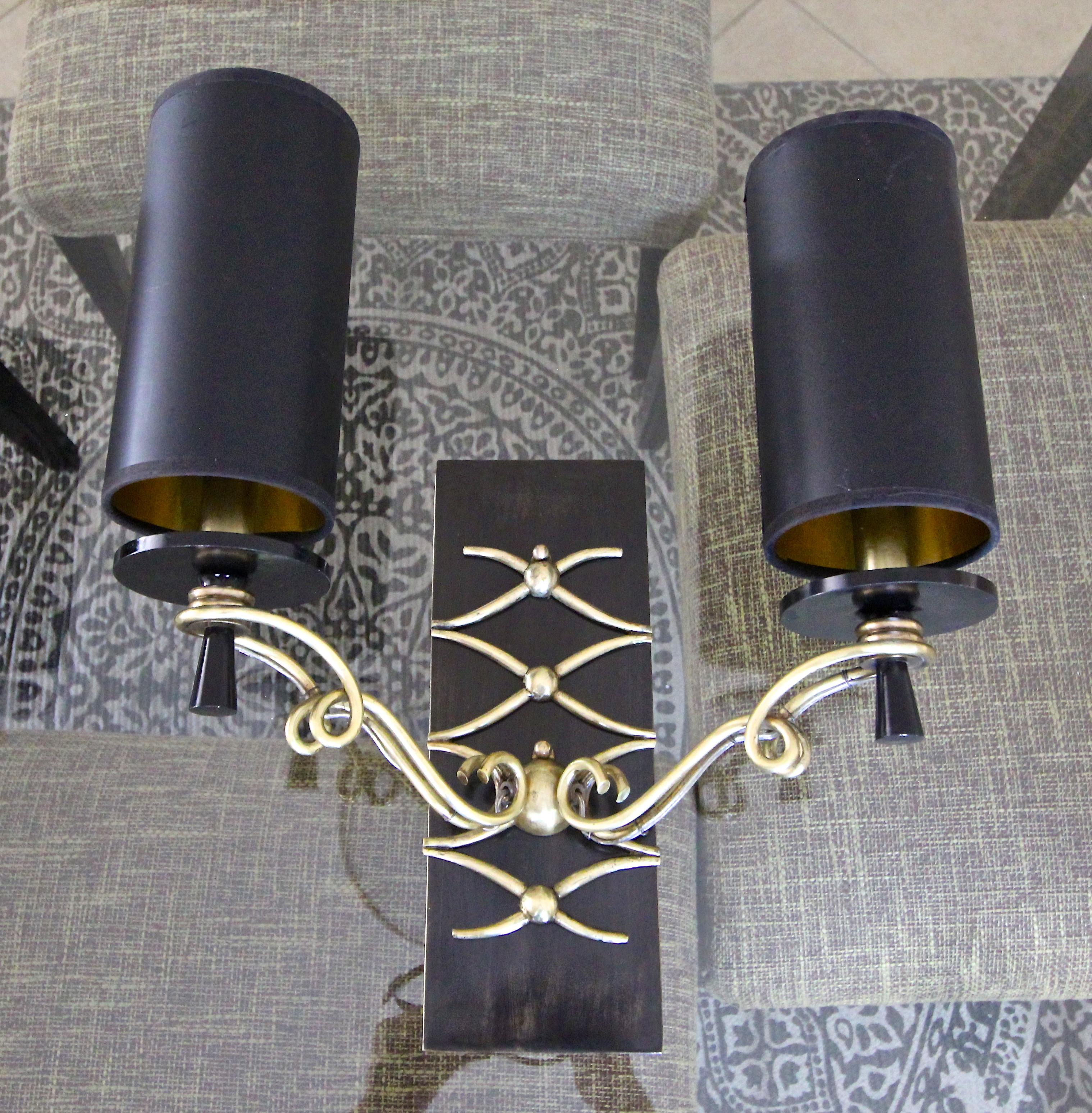 Pair of Leleu Style French Brass Wall Light Sconces 1