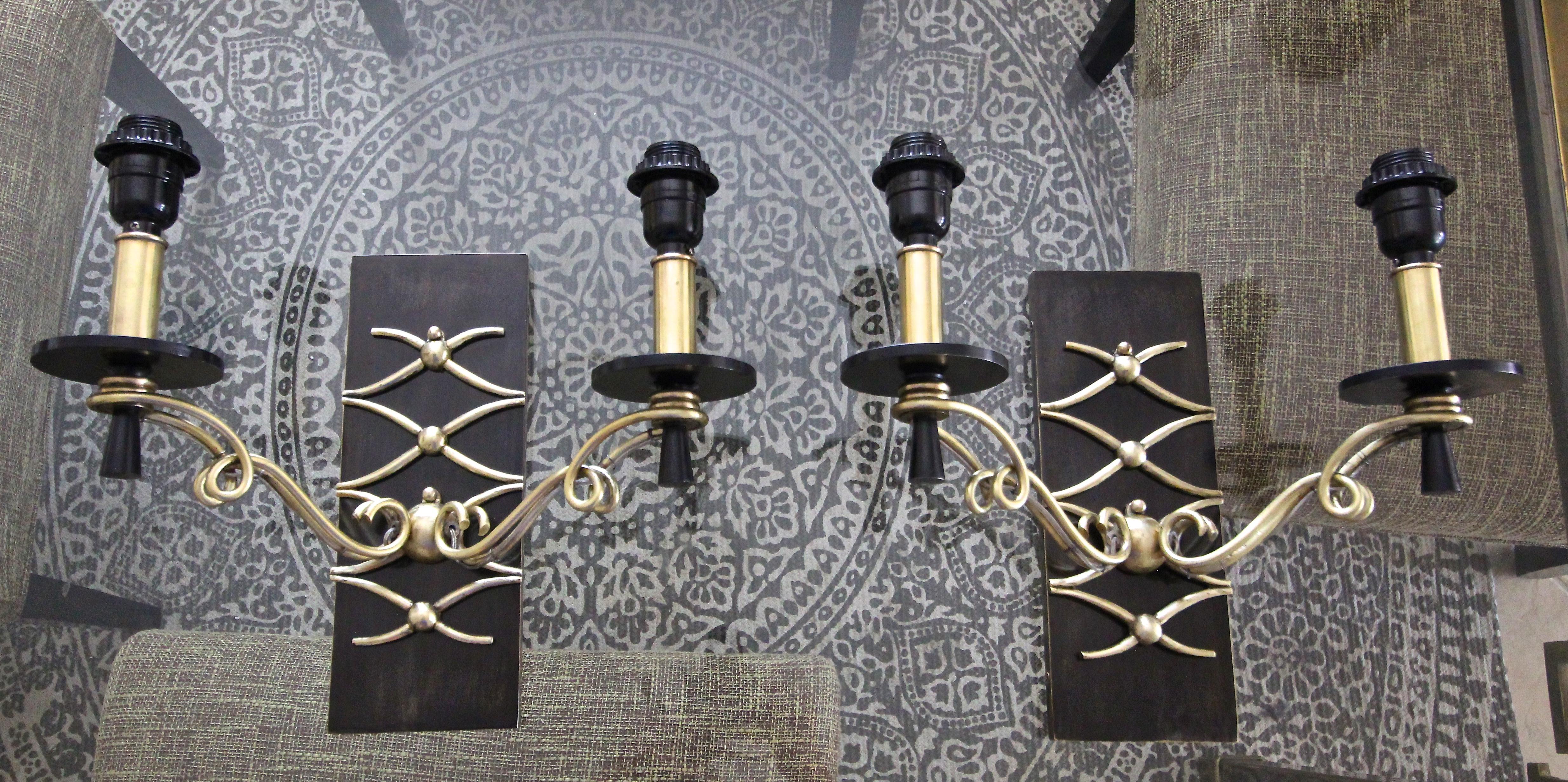 Pair of Leleu Style French Brass Wall Light Sconces 4