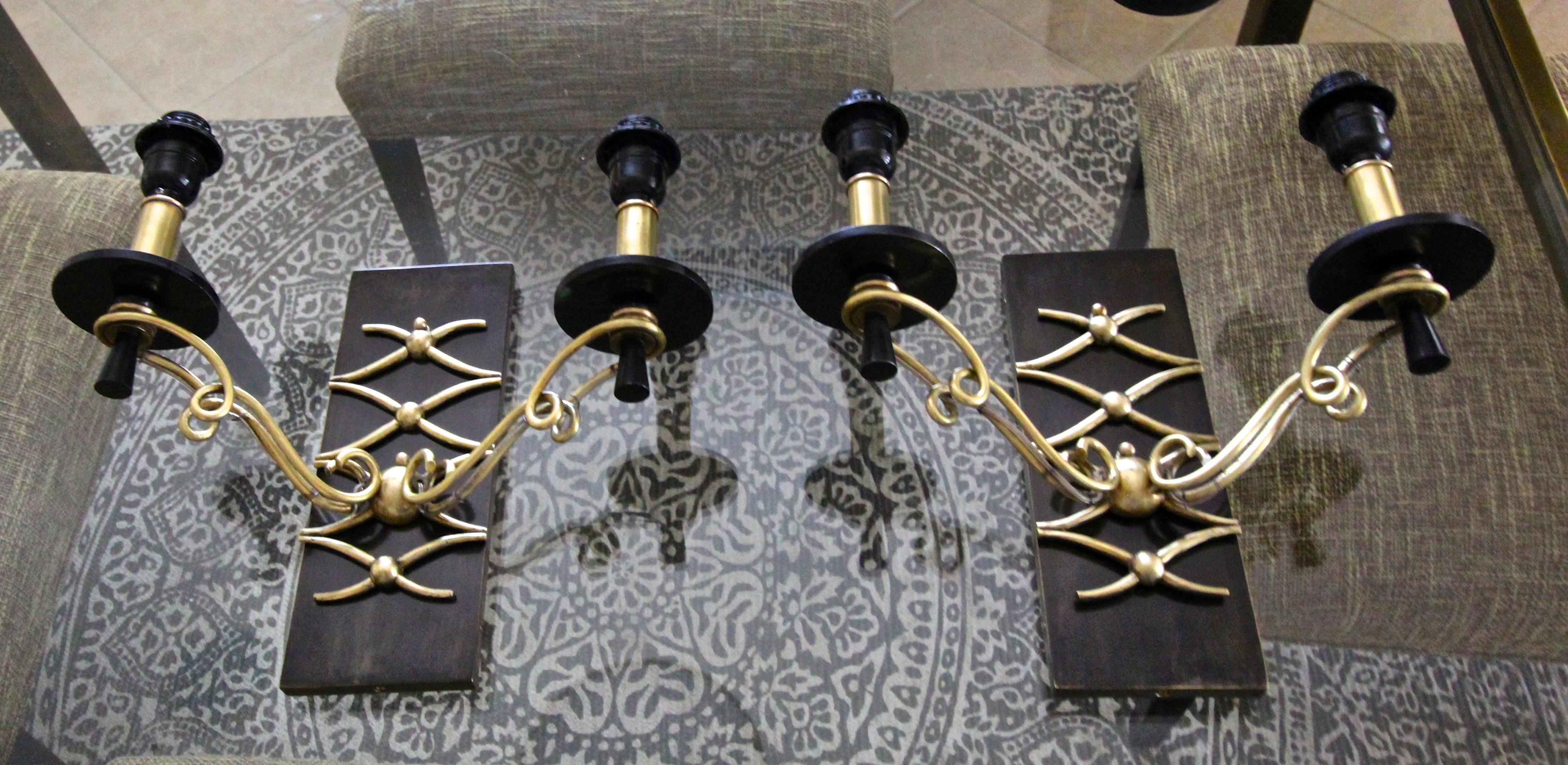 Pair of Leleu Style French Brass Wall Light Sconces 5