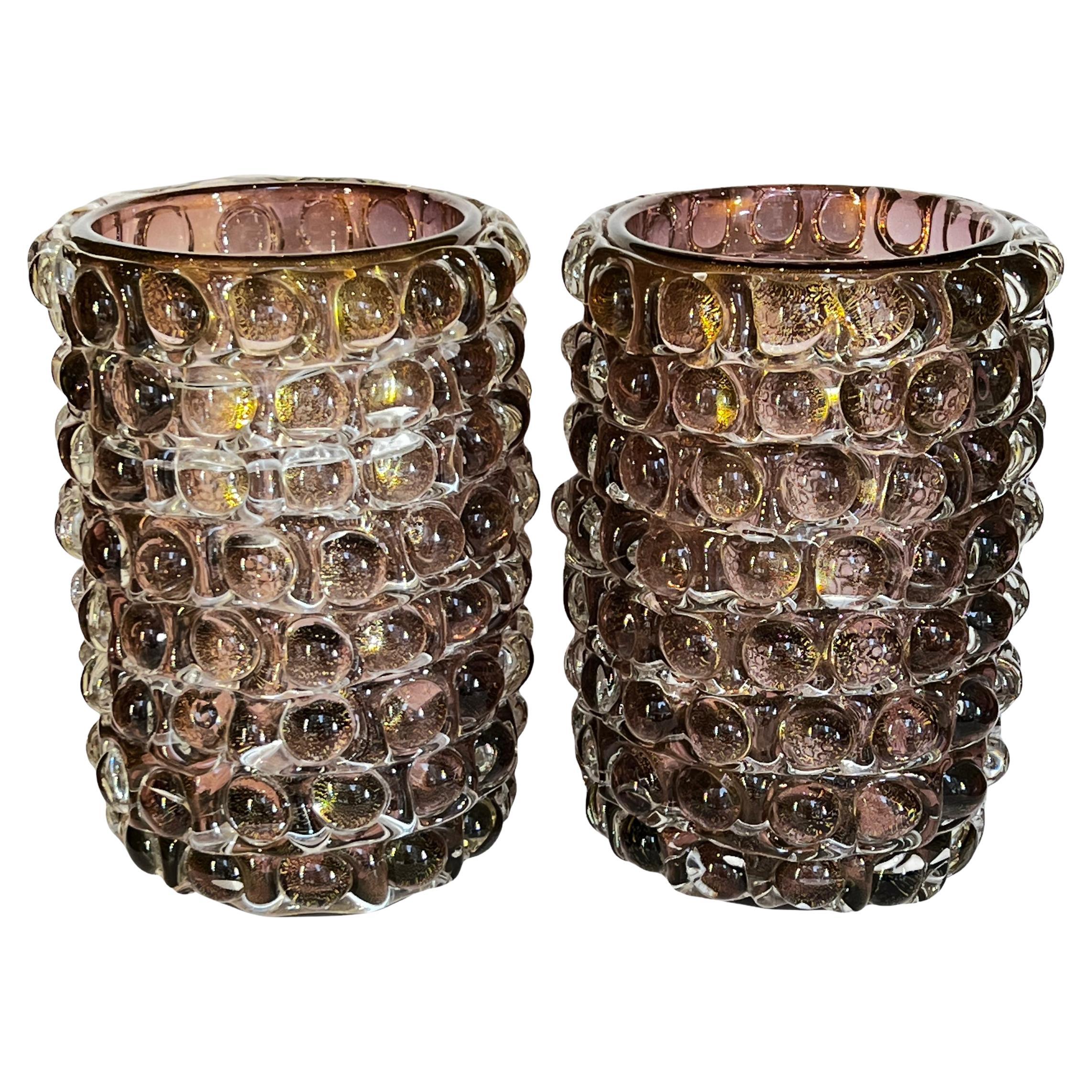 Pair Lenti Murano Glass Vases After Ercole Barovier