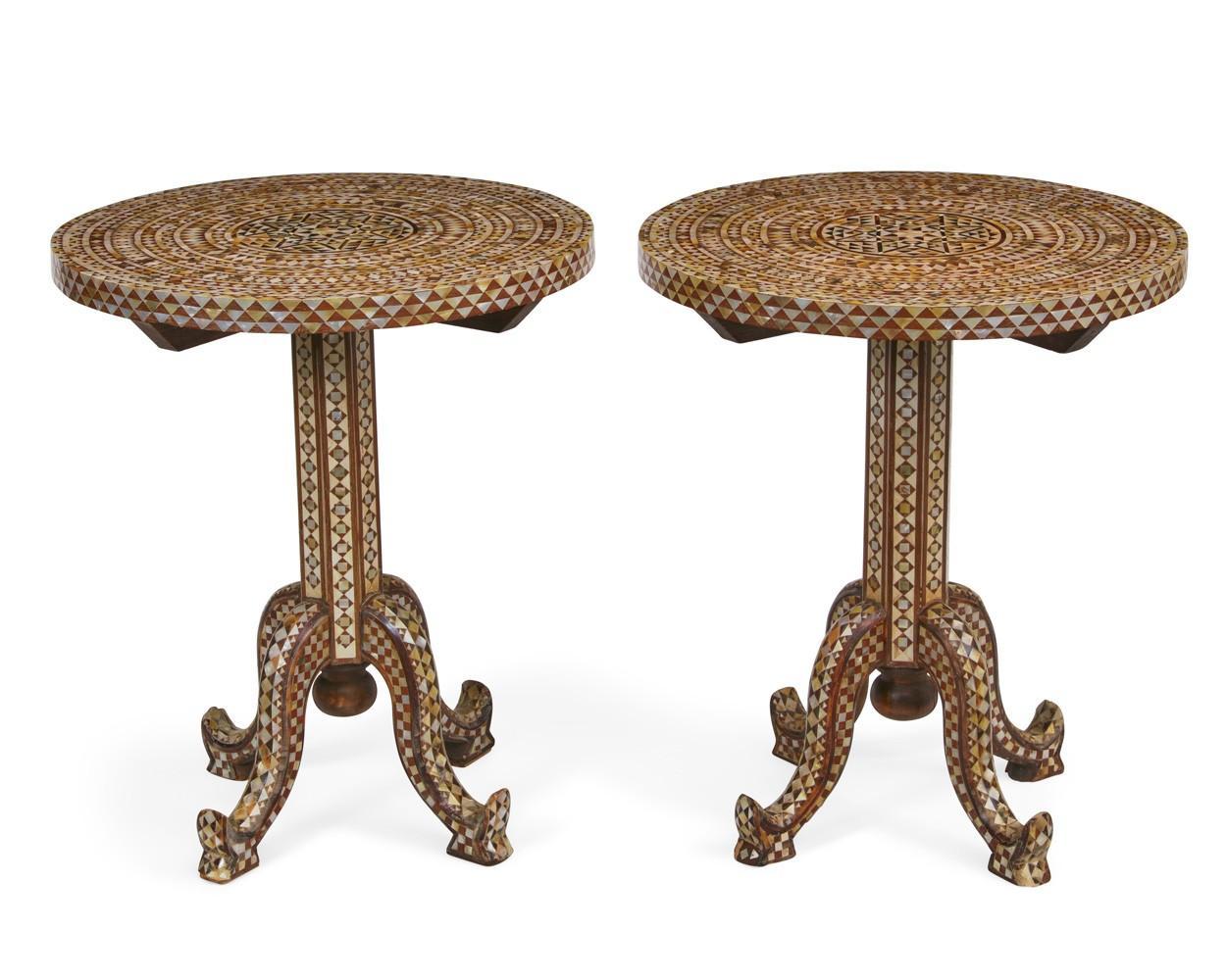 Hand-Crafted Pair Levantine Inlaid Occasional Round Tables, Early 20th Century For Sale