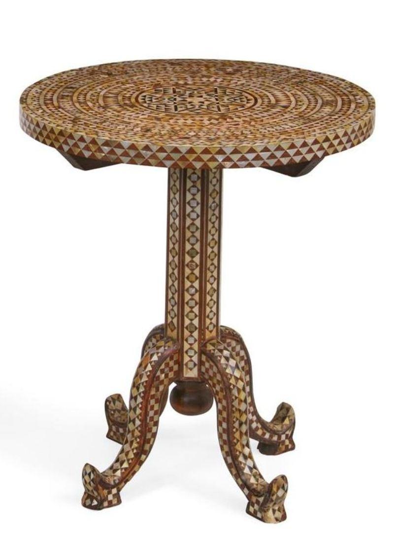 Horn Pair Levantine Inlaid Occasional Round Tables, Early 20th Century For Sale