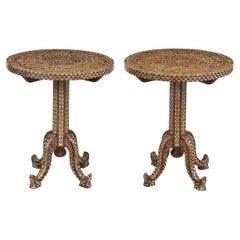 Used Pair Levantine Inlaid Occasional Round Tables, Early 20th Century