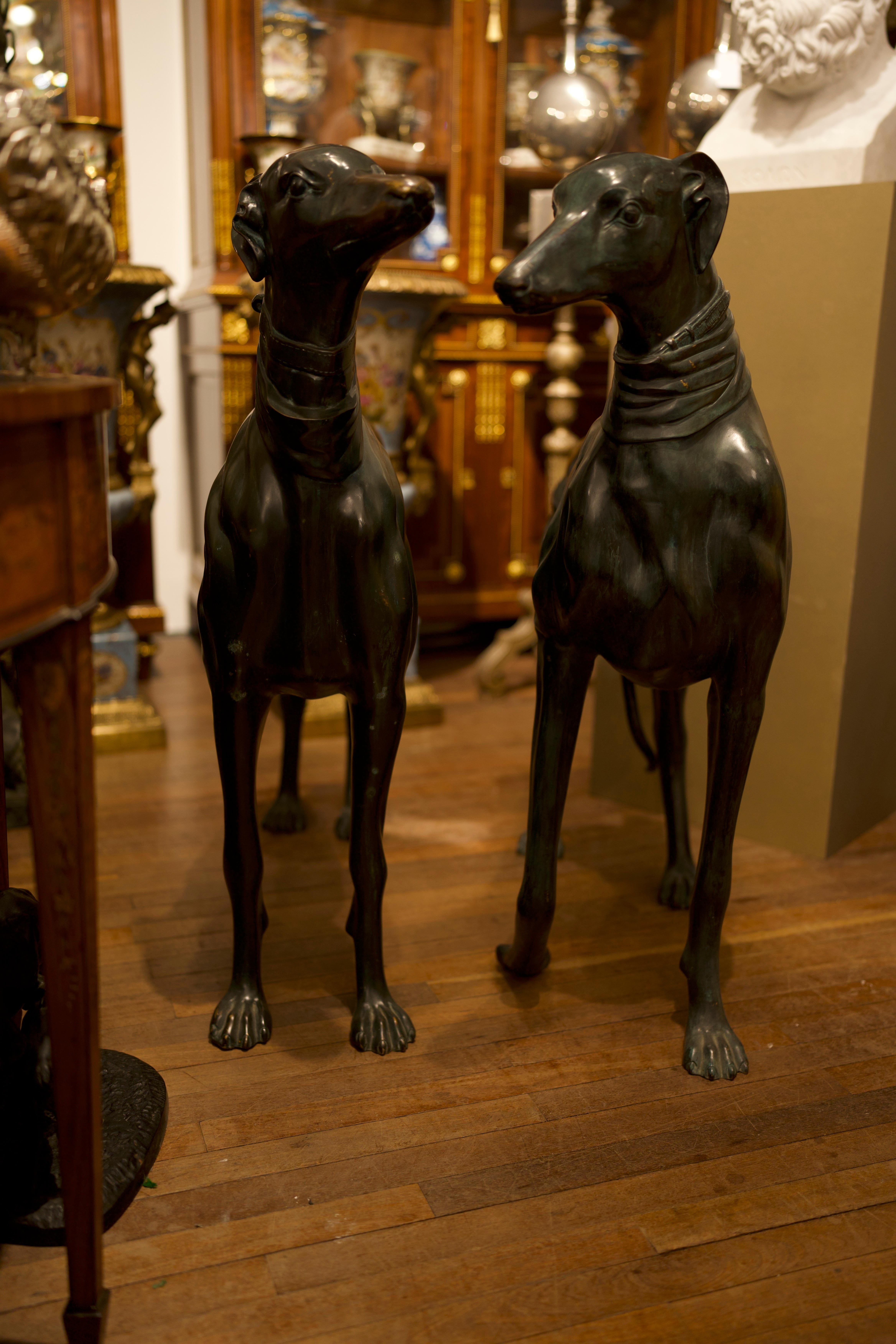Magnifique paire de lévriers en bronze grandeur nature, chiens Art déco, 20e siècle. 

Elegant et réaliste, le lévrier est le chien art déco par excellence. Le bronze est joliment patiné et, bien sûr, ces objets peuvent vivre à l'extérieur sans