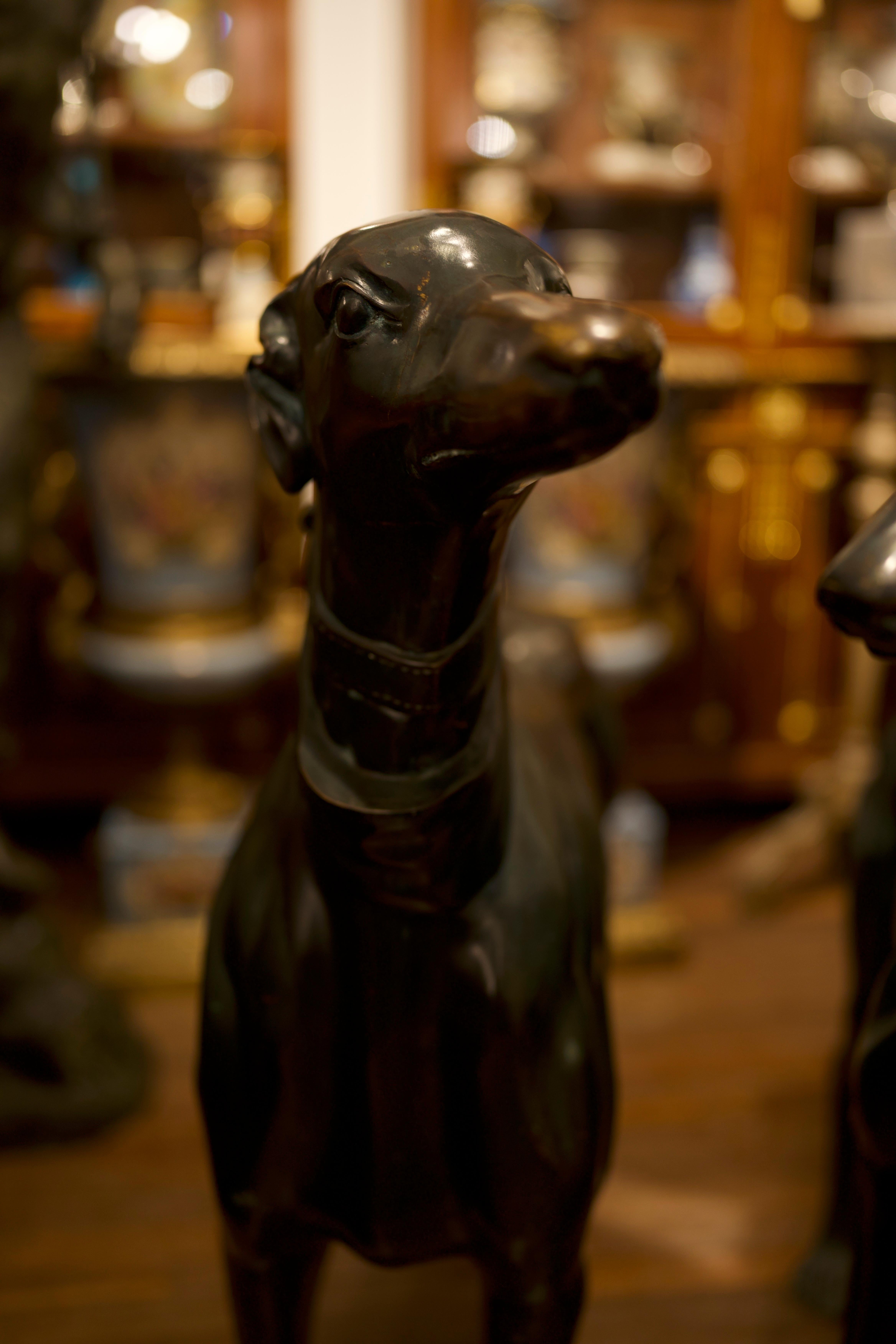 Pair Life-size Bronze Greyhounds Art Deco Dogs, 20th Century  In Excellent Condition For Sale In Southall, GB