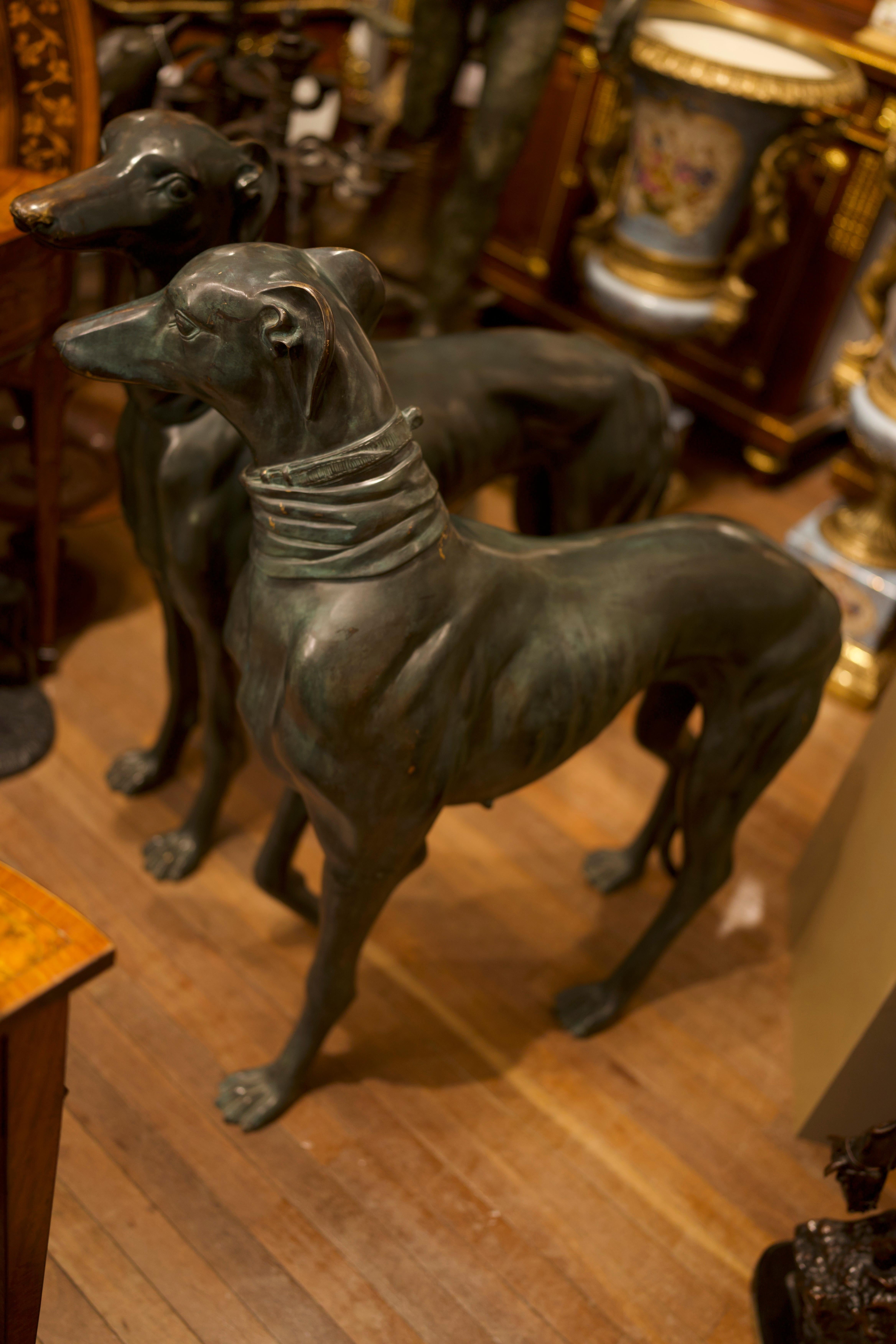 Pair Life-size Bronze Greyhounds Art Deco Dogs, 20th Century  For Sale 1
