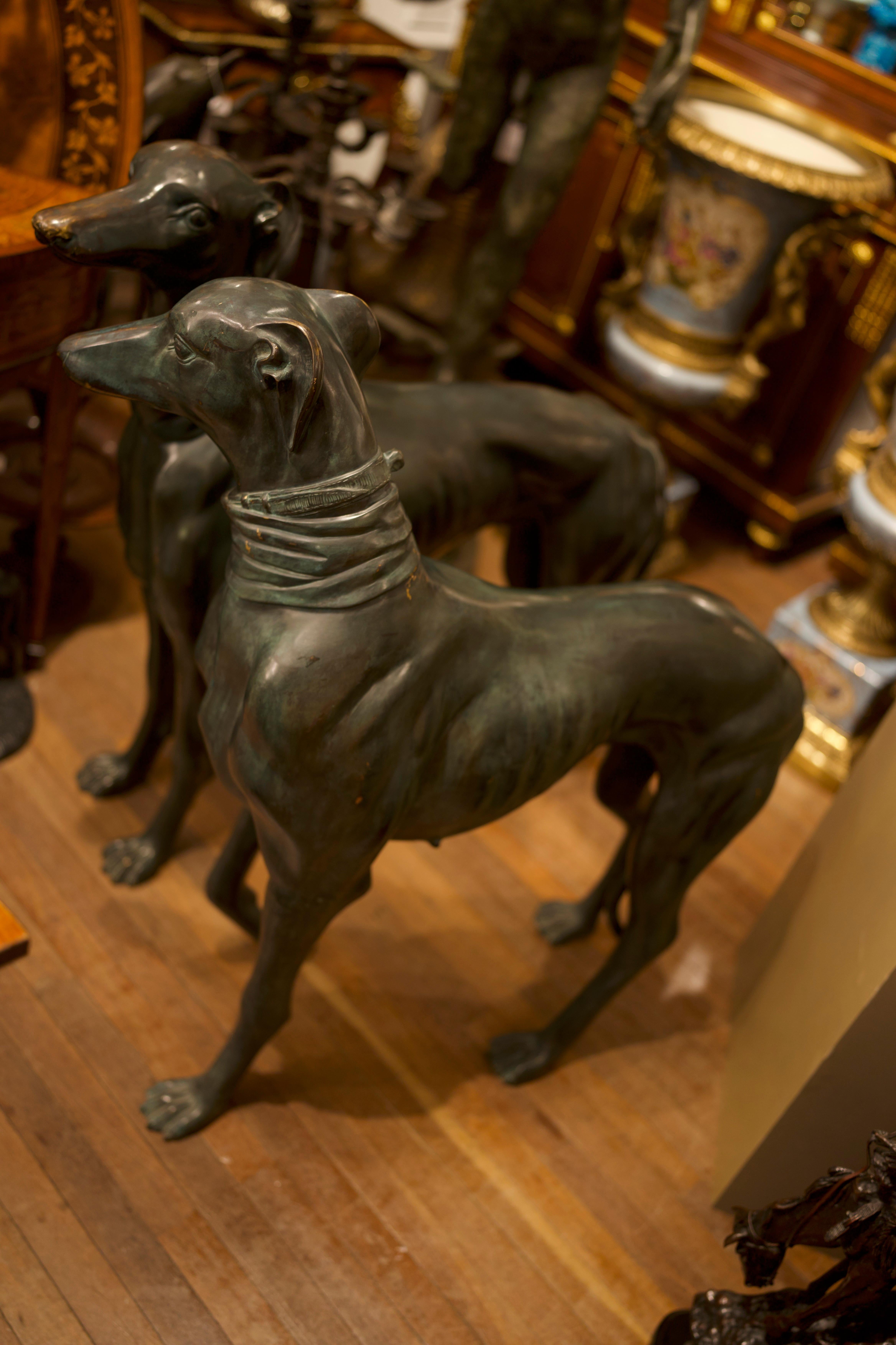 Pair Life-size Bronze Greyhounds Art Deco Dogs, 20th Century  In Excellent Condition For Sale In Southall, GB