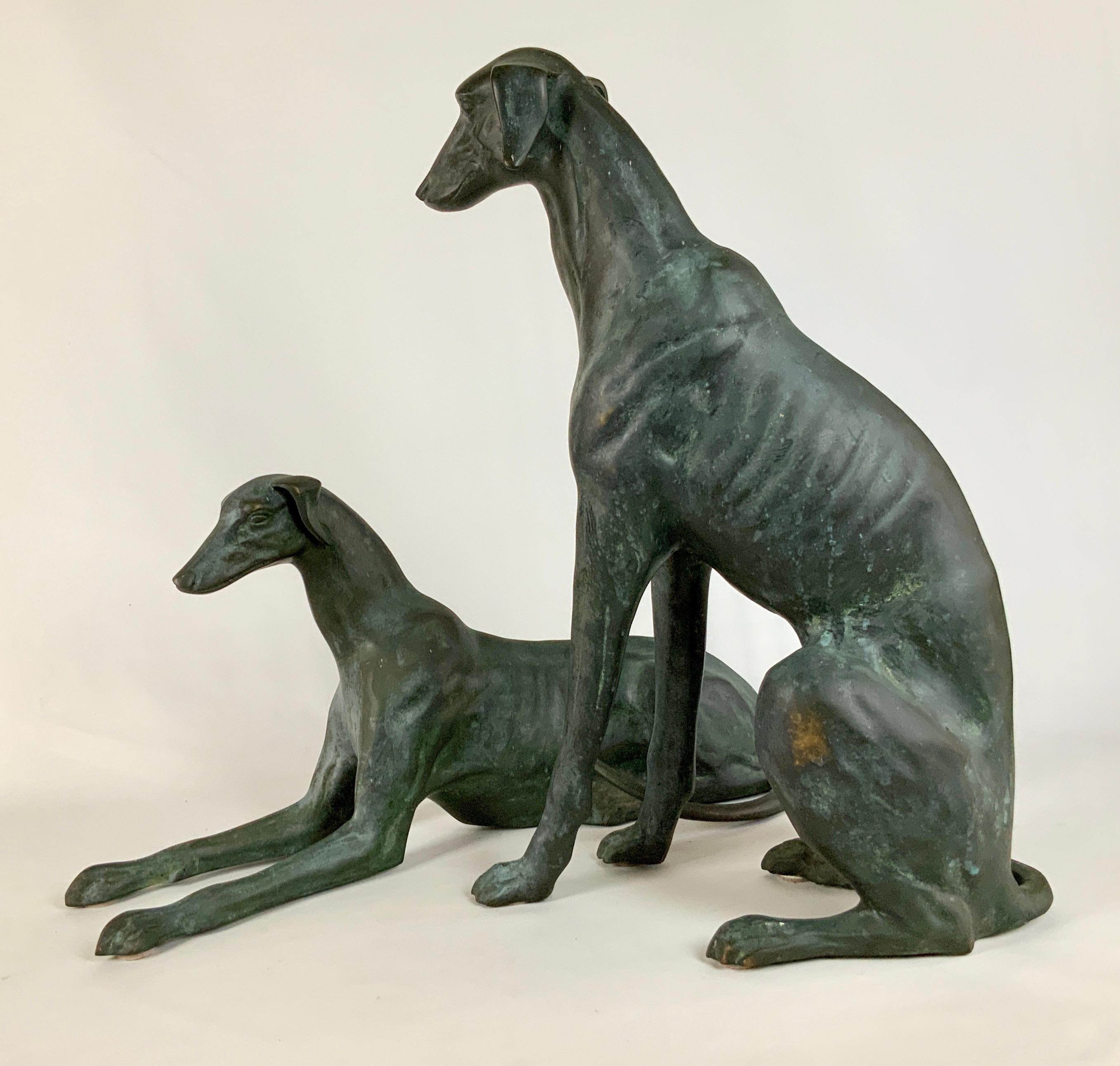 Pair of Life-Size Bronze Whippet Dog Sculptures 1