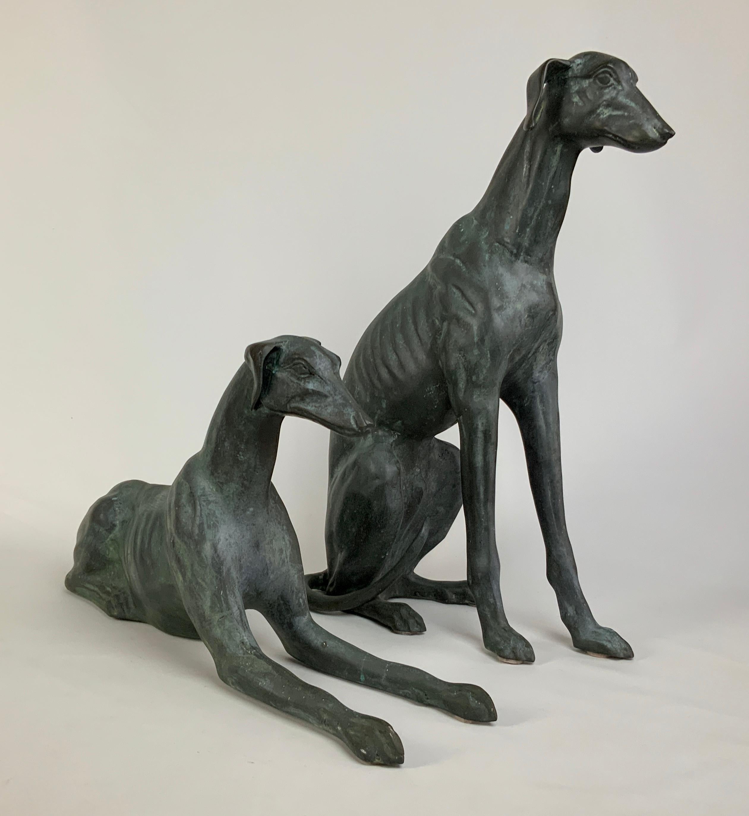 Pair of Life-Size Bronze Whippet Dog Sculptures 2