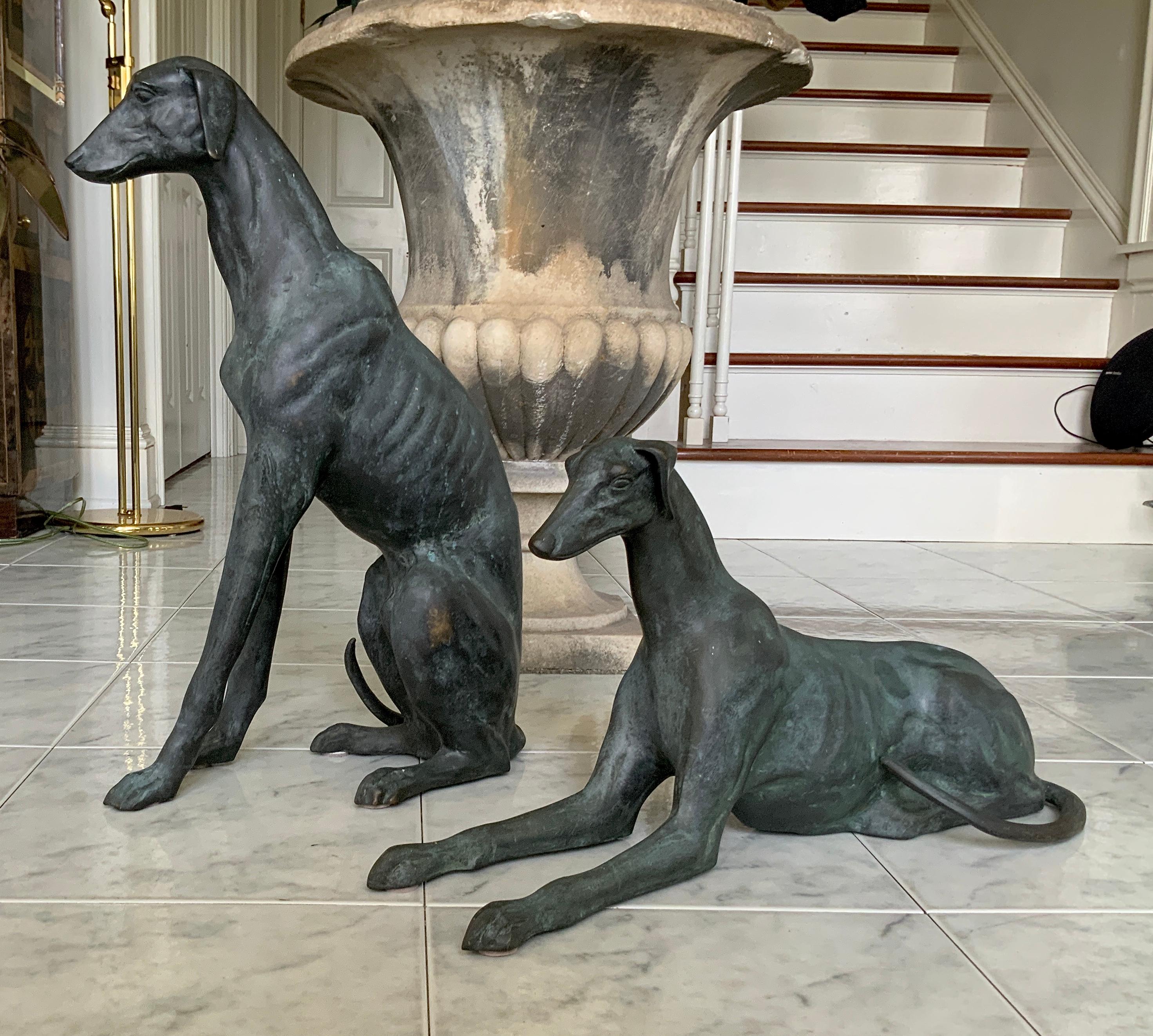 Pair of Life-Size Bronze Whippet Dog Sculptures 5