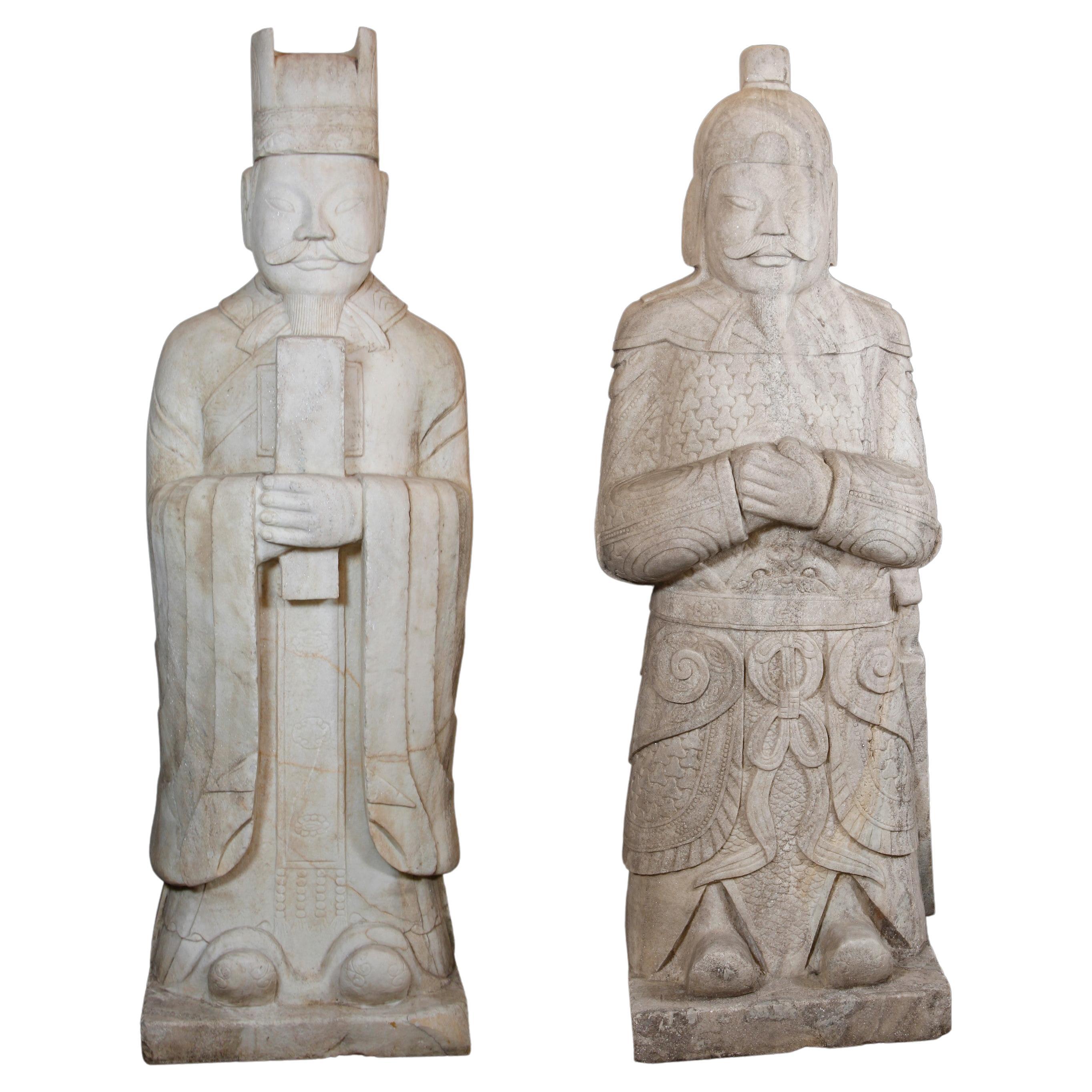 Pair Life Size Chinese Handcut Marble Wengzhong Statues