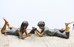 Pair Lifesize Bronze Children Reading Boy Girl Statues Art