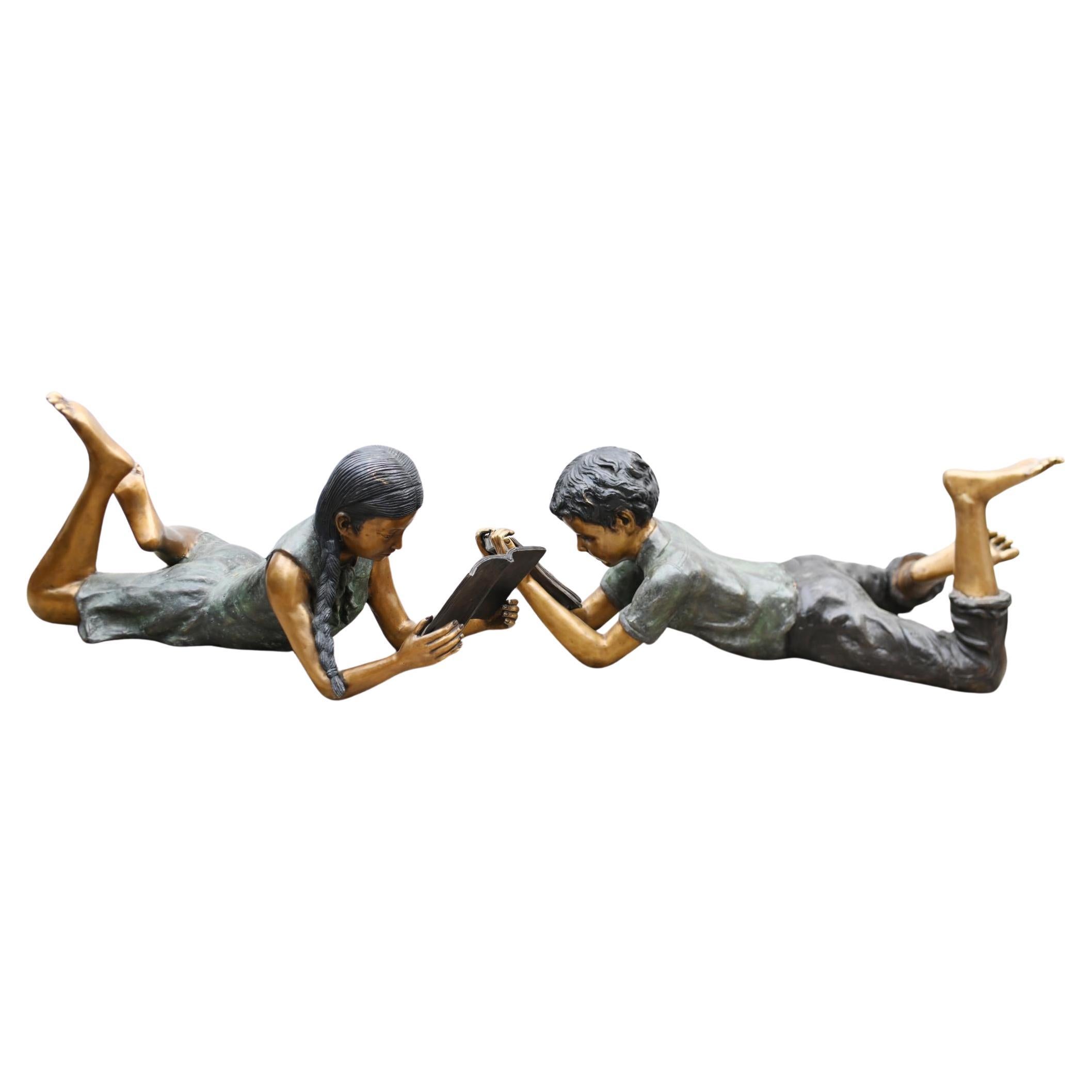 Pair Lifesize Bronze Children Reading Boy Girl Statues Art