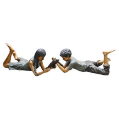 Pair Lifesize Bronze Children Reading Boy Girl Statues Art