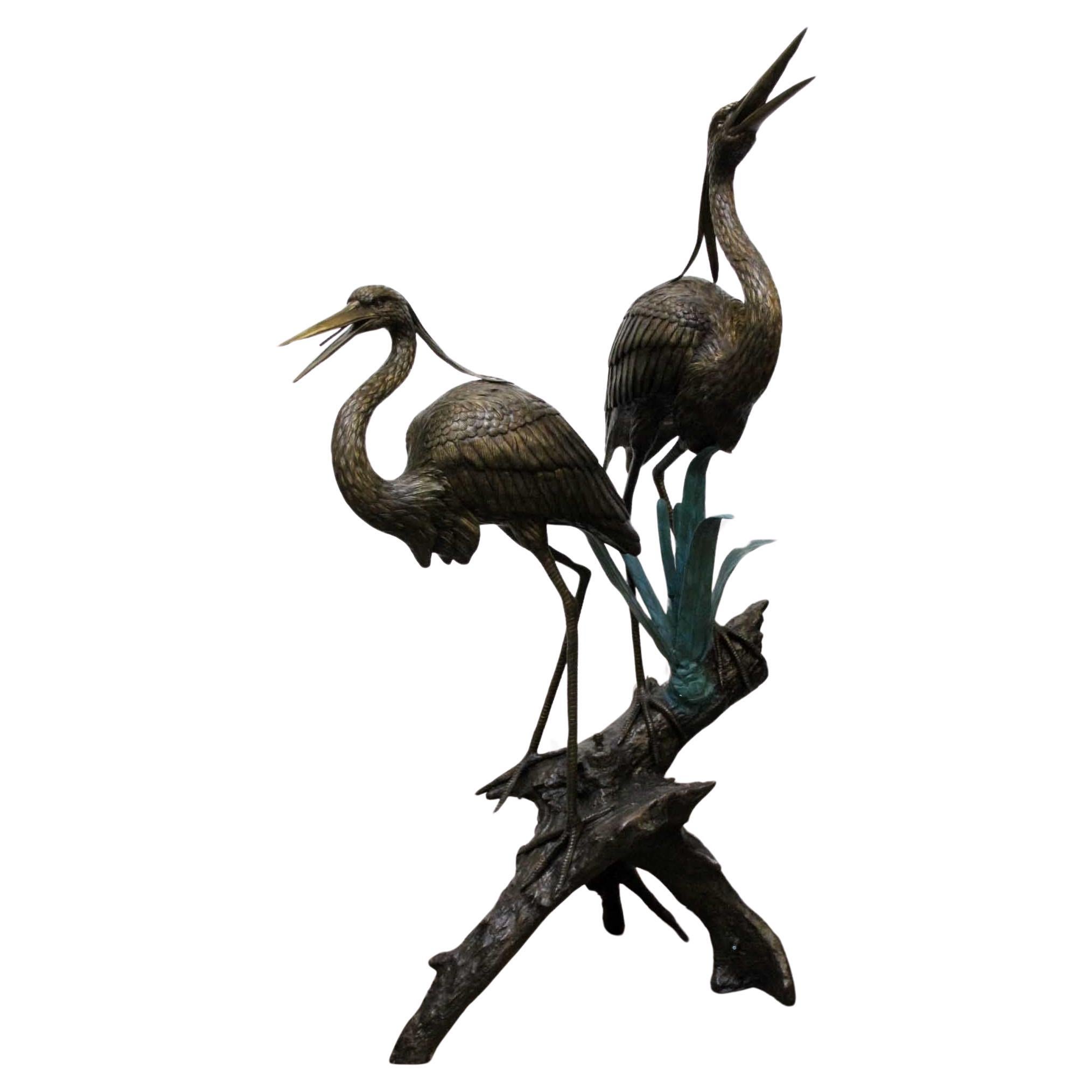 Pair Lifesize Bronze Cranes Fountain - Large Bird Casting Garden For Sale
