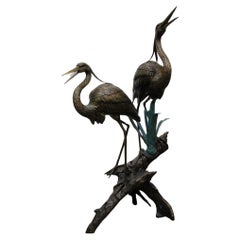 Antique Pair Lifesize Bronze Cranes Fountain - Large Bird Casting Garden