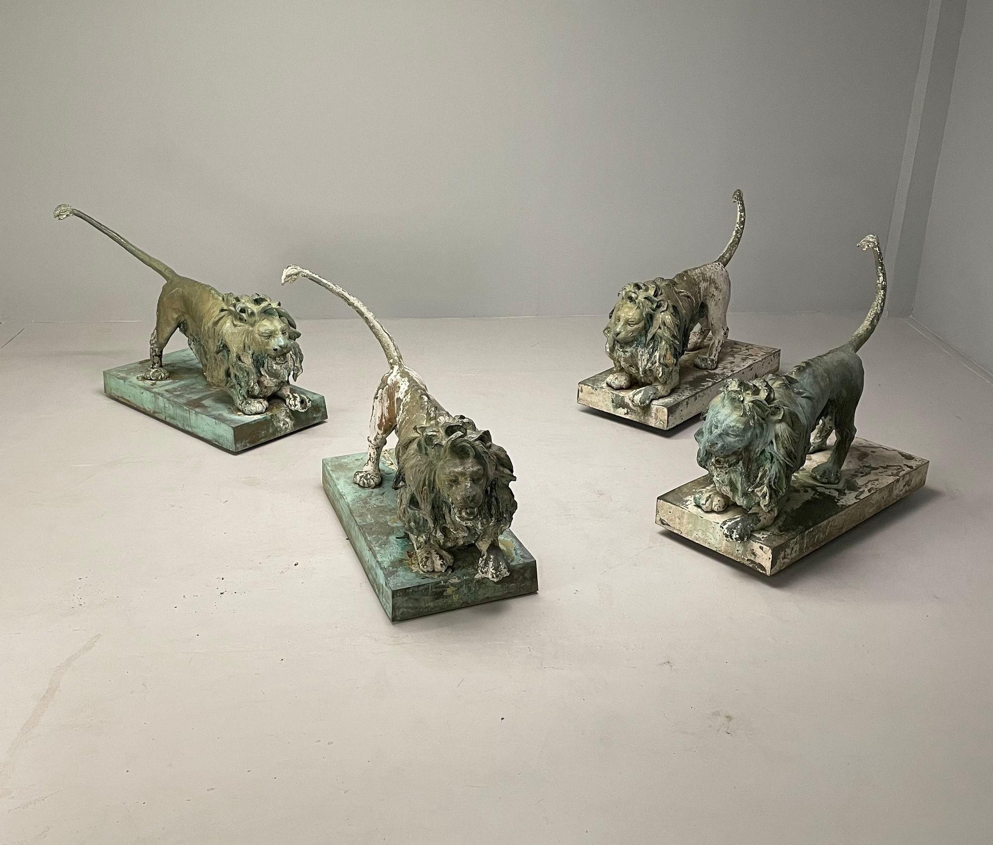 Pair of Lifesize Bronze Lion Fountains on Pedestals, 19th Century Monumental Outdoor Statues, Priced for pair (two pairs available)
Two monumental bronze lions from a Greenwich Connecticut mansion. These fine Grand Tour bronze full bodied lions