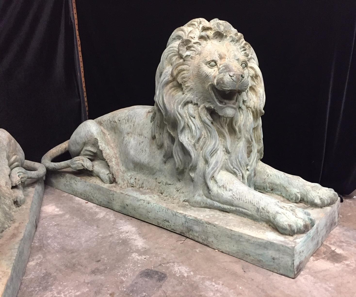 Patinated Pair Lifesize Bronze Lions Signed Alex Browns