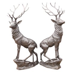 Retro Pair Lifesize Bronze Stags Scottish Highlands Moose Elk