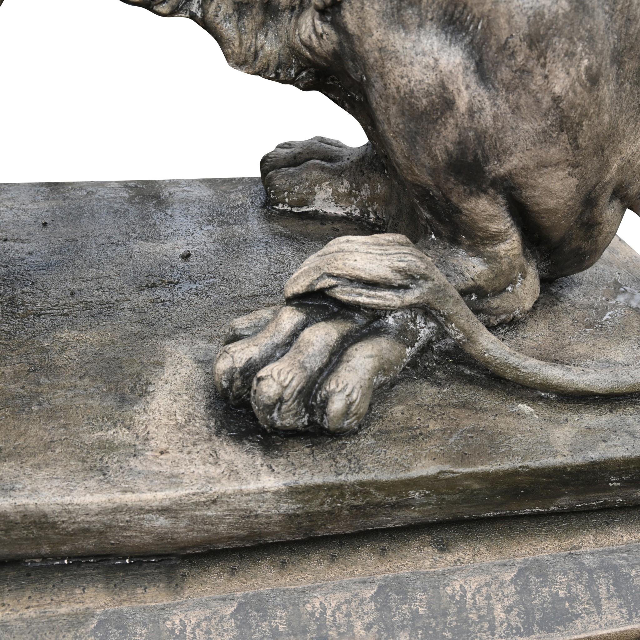 Estás viendo una pareja monumental de estatuas de león sobre peana 
Con más de metro y medio de altura (154 cm), estas magníficas bestias son de tamaño natural.
Se apoyan en las bases de pedestal clásicas oblongas que se separan de los leones para