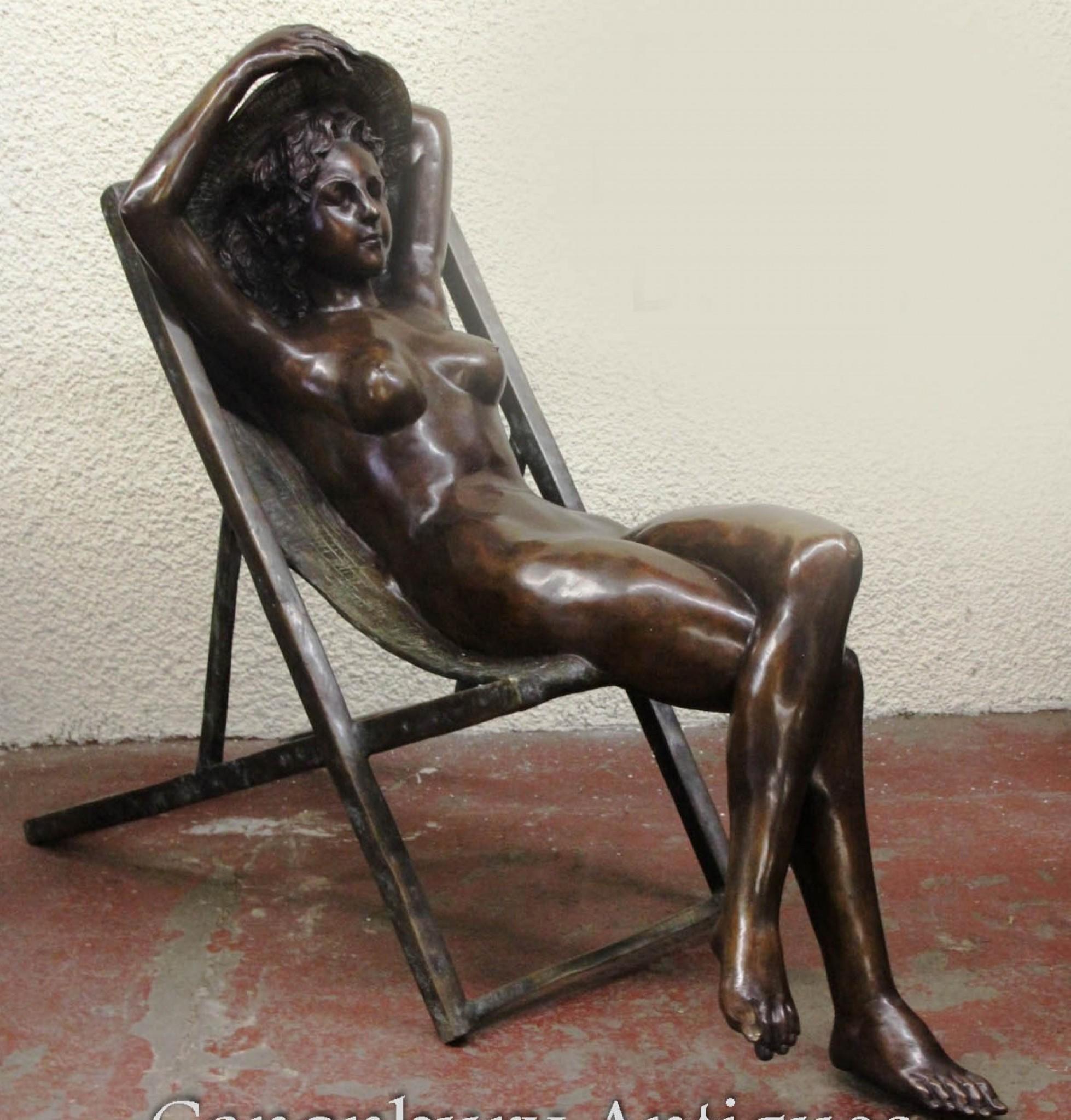 Pair Lifesize Nude Girls - Deck Chair Female Garden Statues For Sale 1