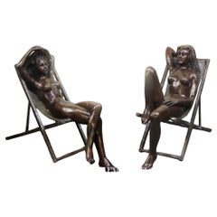 Retro Pair Lifesize Nude Girls - Deck Chair Female Garden Statues