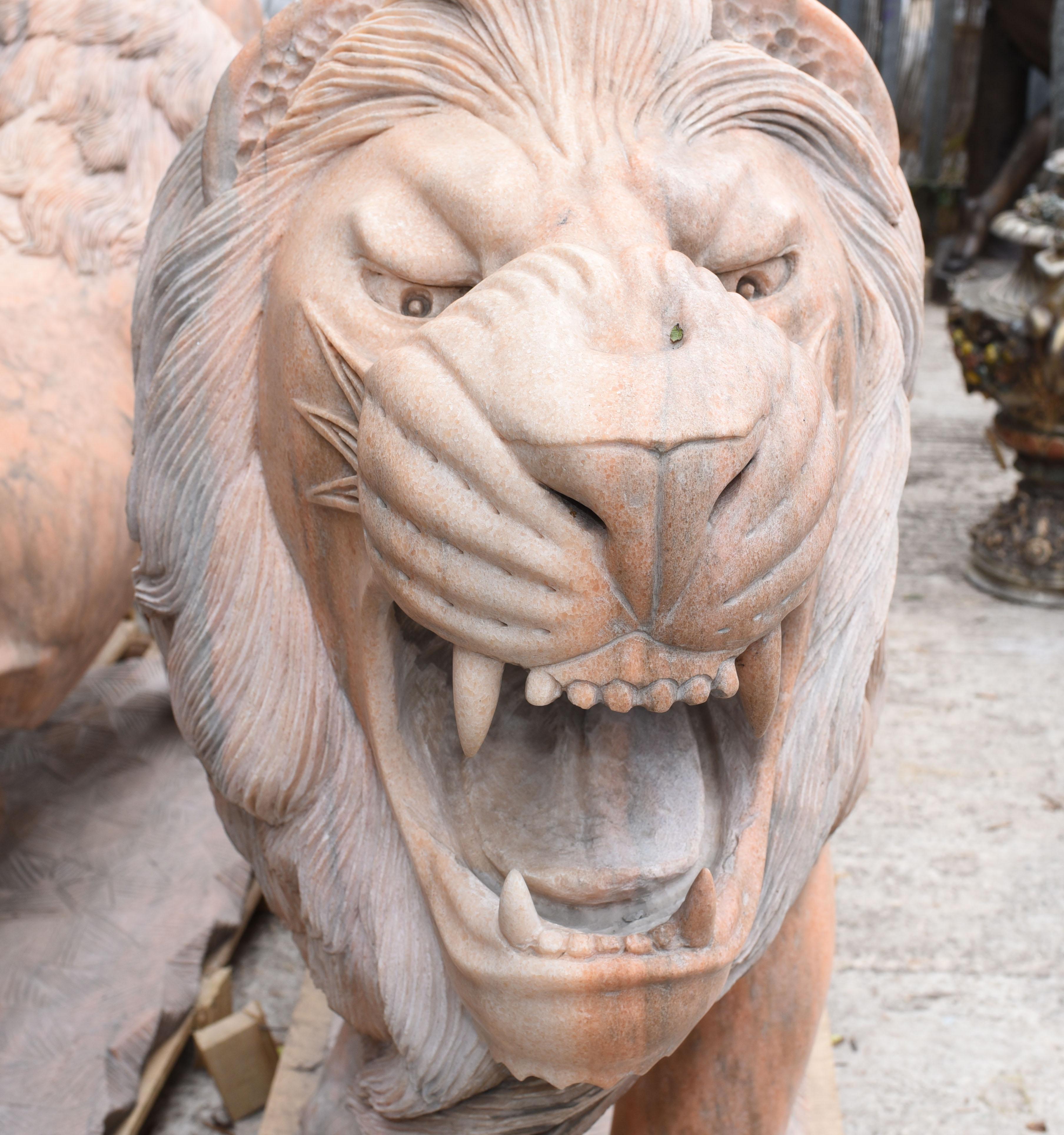 - Stunning pair of giant marble hand carved lions
- Almost six feet - 170 CM - head to tail - so good size to this pair
- Pink marble has a lovely colour, with gray flecks and veins - Smooth and chip free
- Great pair of gatekeepers in the