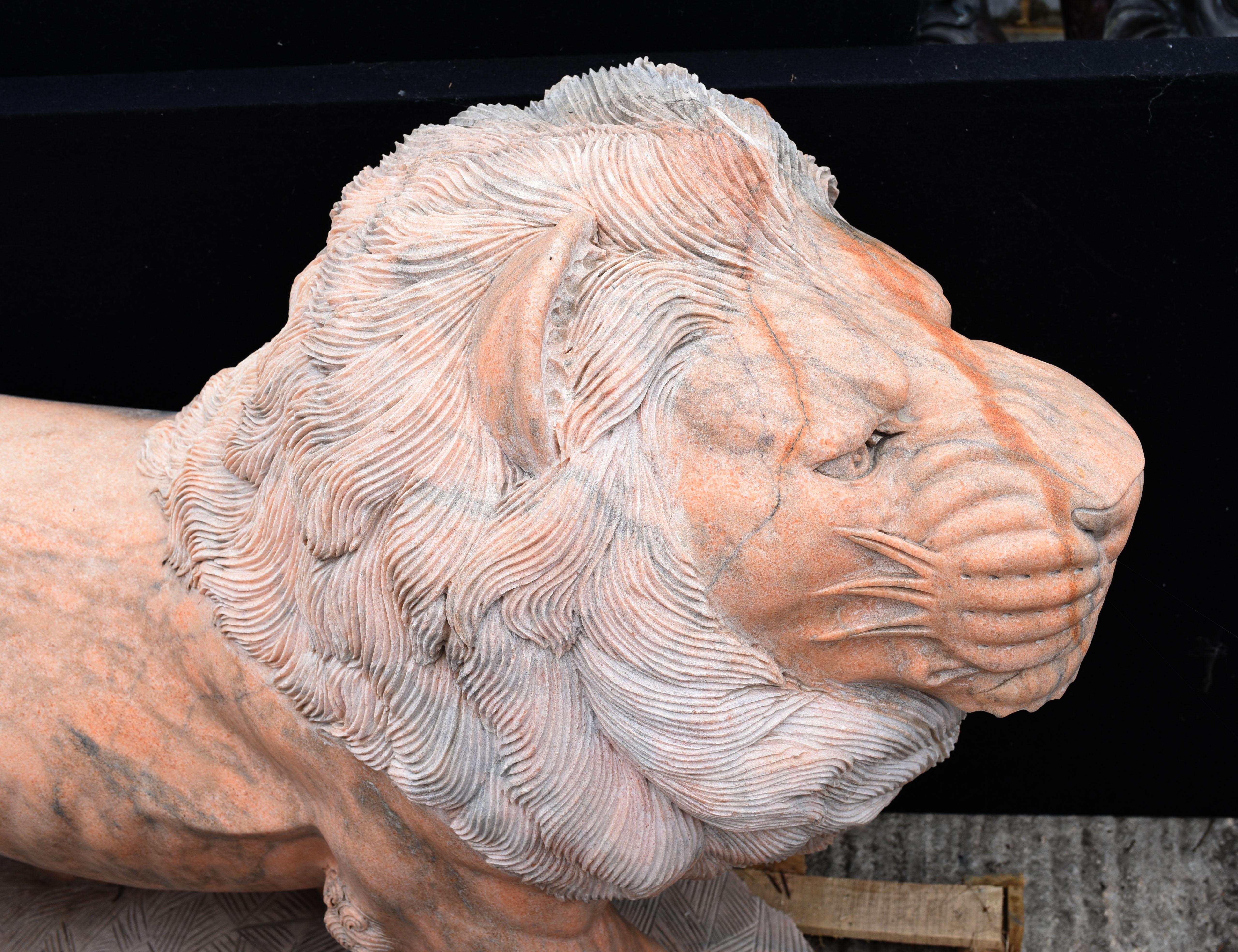 Paire de lions grandeur nature en marbre rose Lion Gatekeepers Medici Garden en vente 3