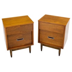 Pair Light American Walnut Two Drawers End Tables Nightstands Cabinets Dowel Leg