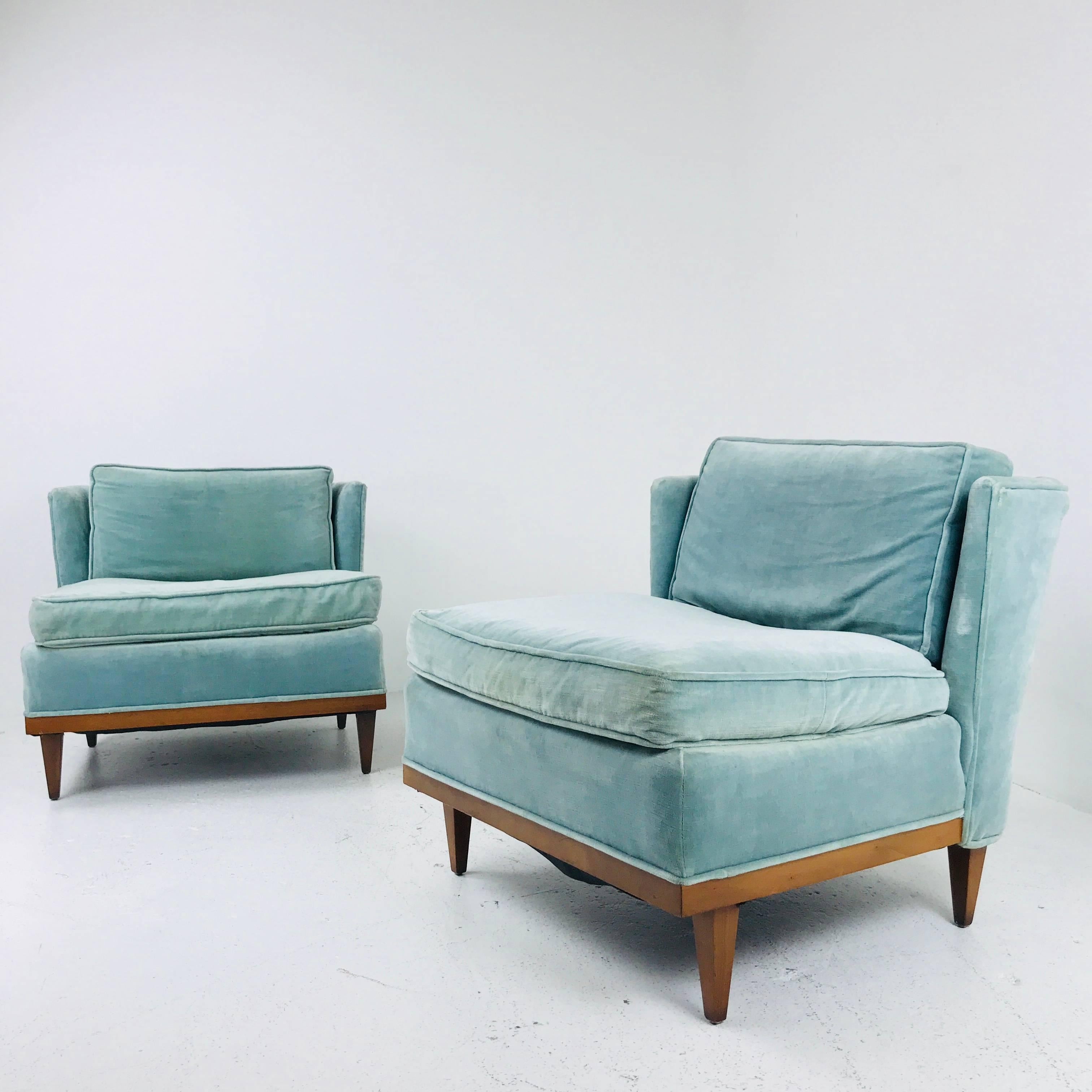 Mid-Century Modern Pair of Light Blue Midcentury Velvet Slipper Wingback Chairs